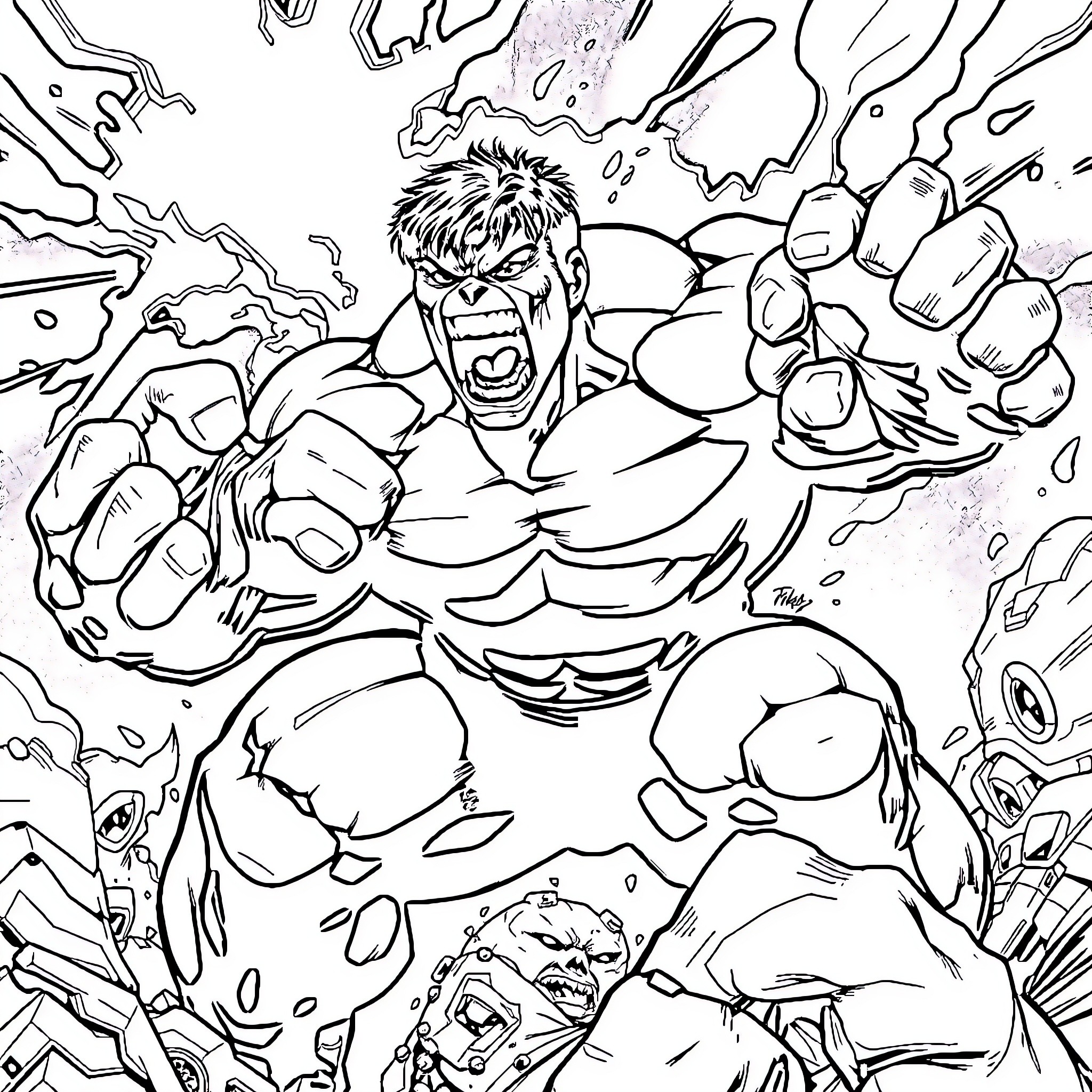 Hulk unleashing powerful rage and destruction Coloring Page (free black-and-white line drawing printable PDF for all, from beginners to advanced learners, including children, teens, adults, and seniors)