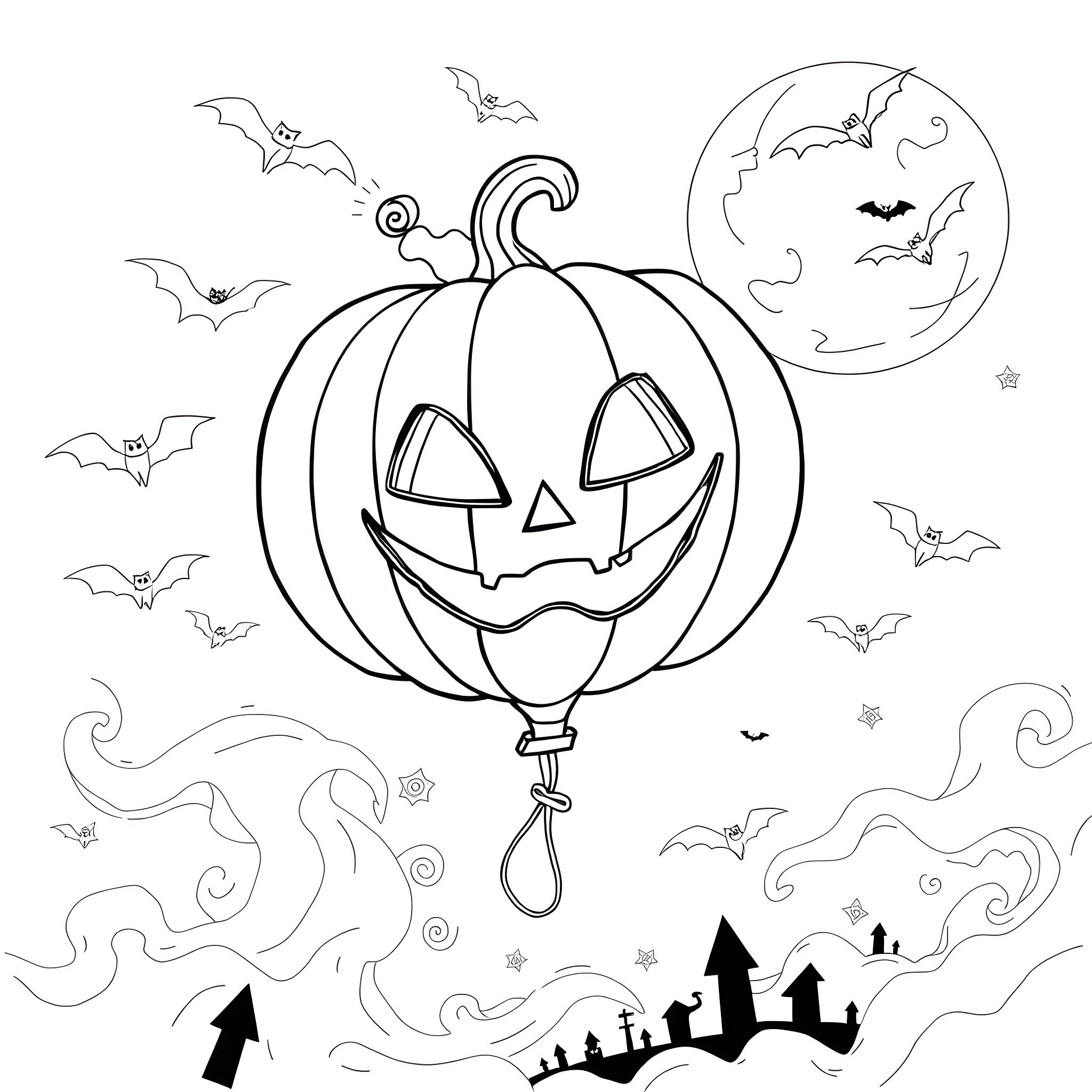 Pumpkin balloon with bats floating in the night sky Coloring Page (free black-and-white line drawing printable PDF for all, from beginners to advanced learners, including children, teens, adults, and seniors)
