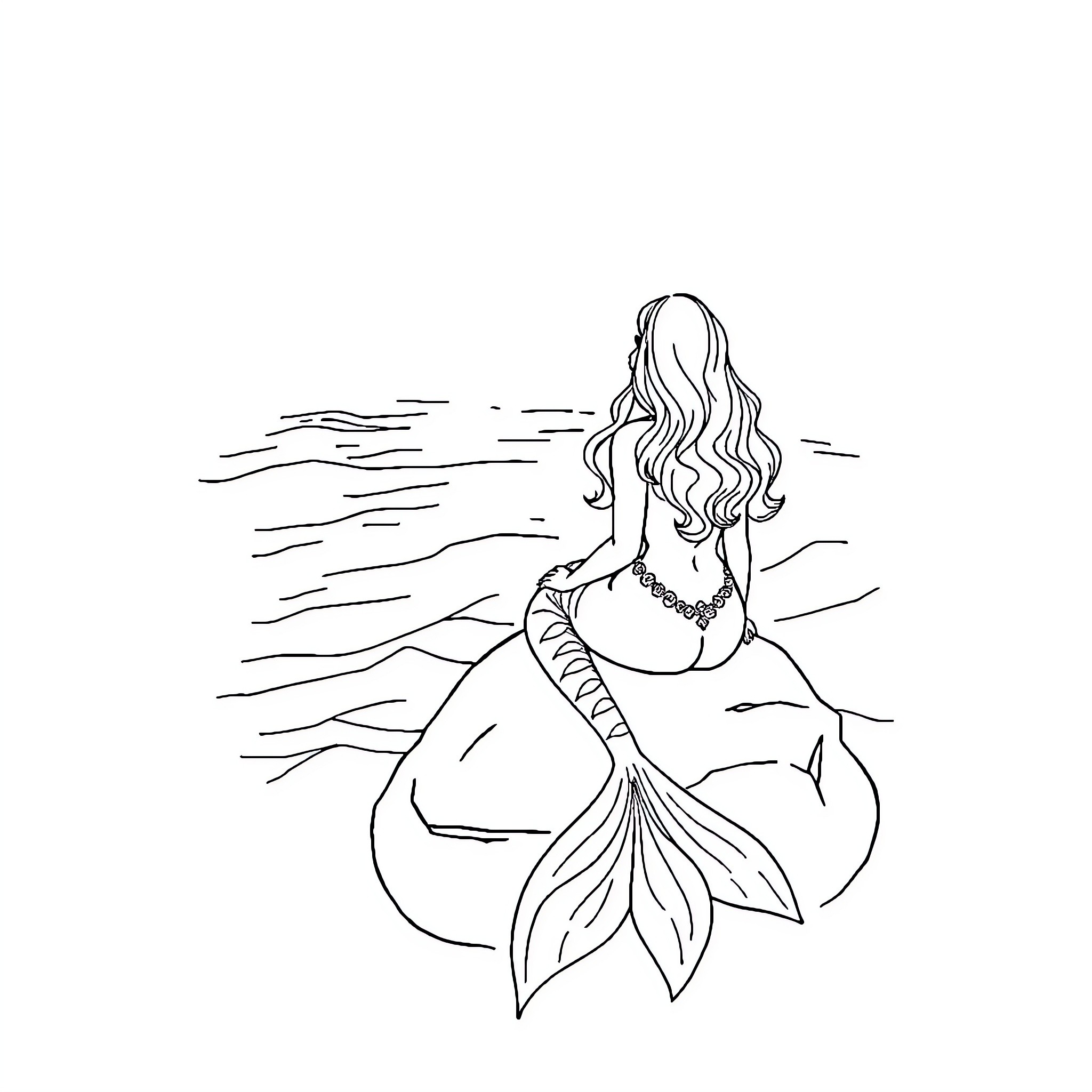 Mermaid admiring the ocean's beauty Coloring Page (free black-and-white line drawing printable PDF for all, from beginners to advanced learners, including children, teens, adults, and seniors)