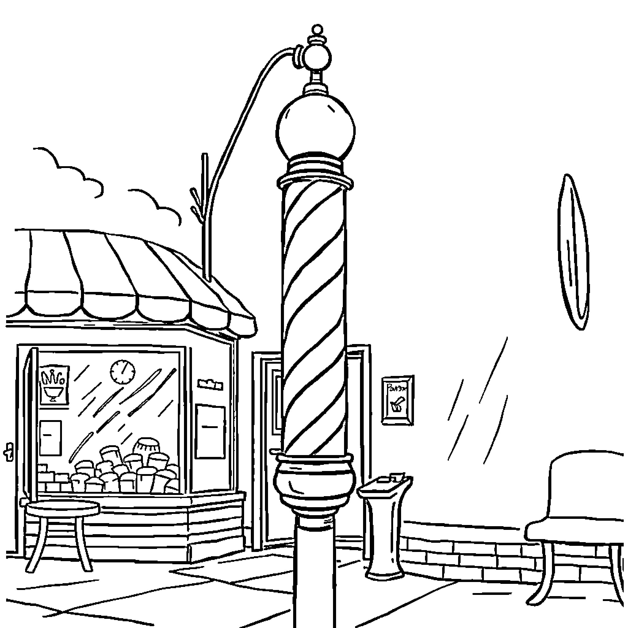 Barber Pole Signage Exterior with Storefront Coloring Page (free black-and-white line drawing printable PDF for all, from beginners to advanced learners, including children, teens, adults, and seniors)