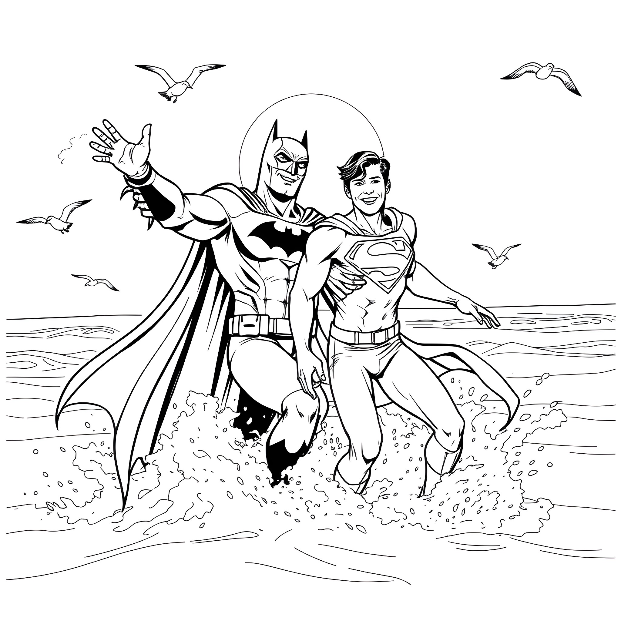 Batman and Superman heroically saving the day Coloring Page (free black-and-white line drawing printable PDF for all, from beginners to advanced learners, including children, teens, adults, and seniors)