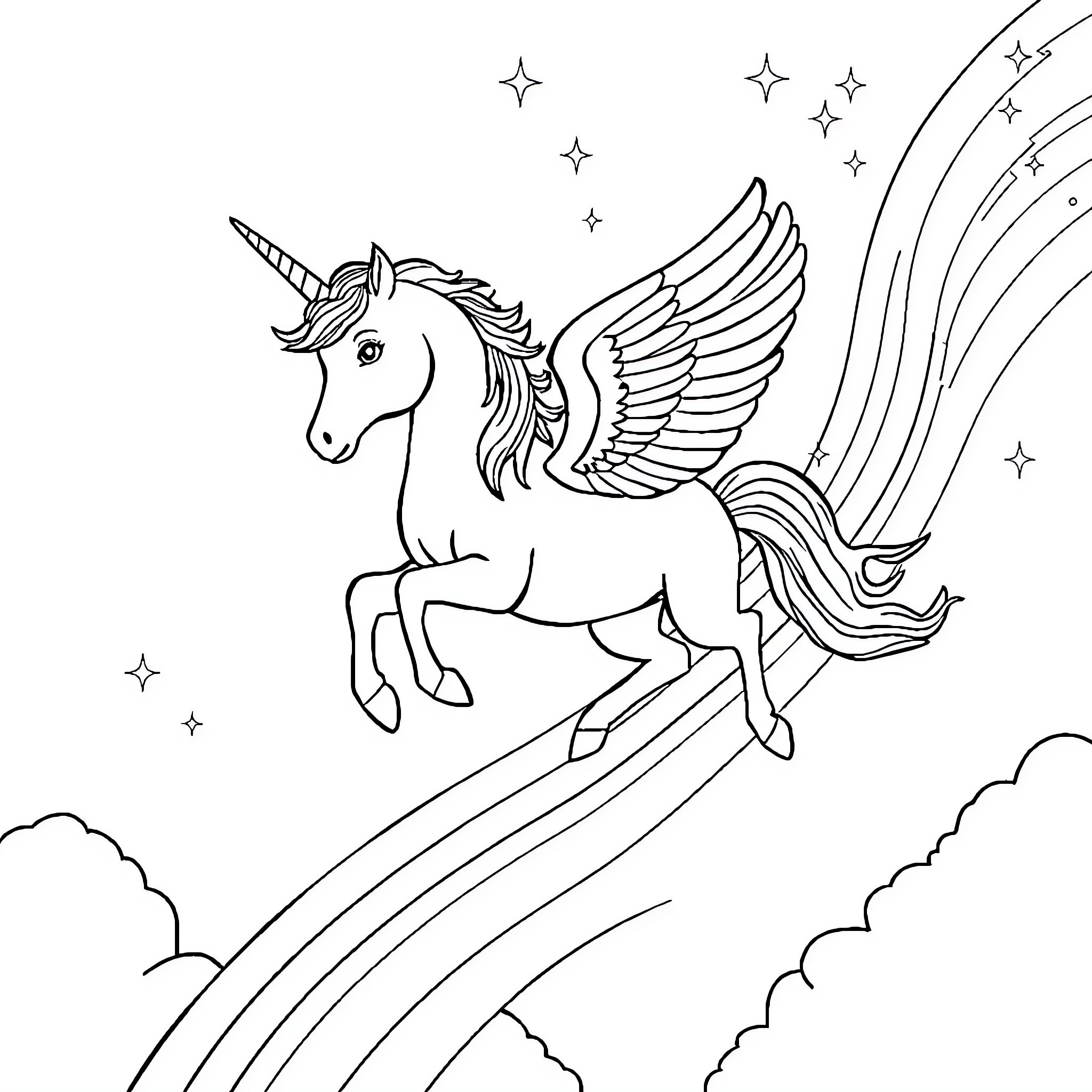 Unicorn soaring amidst a starry sky Coloring Page (free black-and-white line drawing printable PDF for all, from beginners to advanced learners, including children, teens, adults, and seniors)