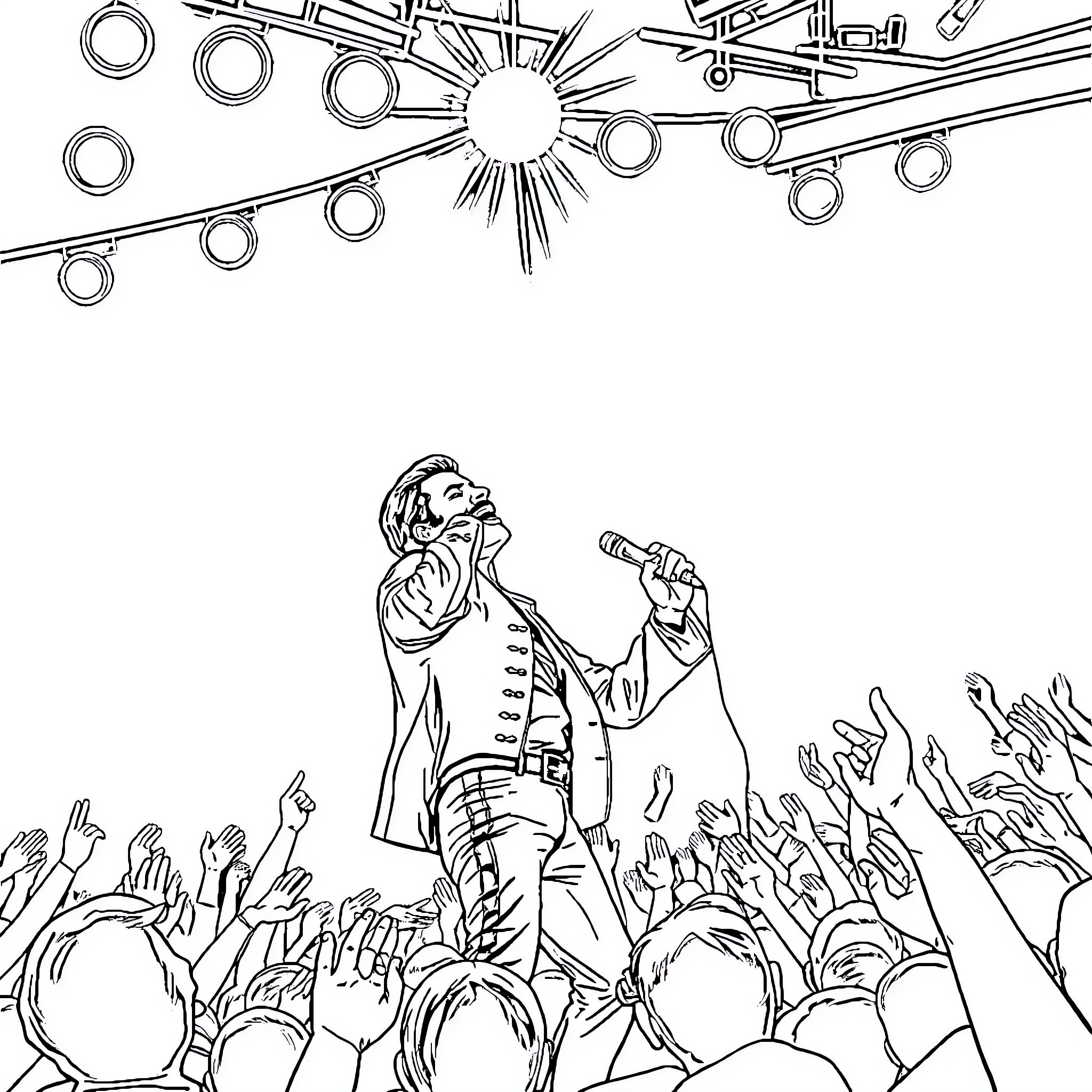 Freddie Mercury performing on stage with adoring crowd Coloring Page (free black-and-white line drawing printable PDF for all, from beginners to advanced learners, including children, teens, adults, and seniors)