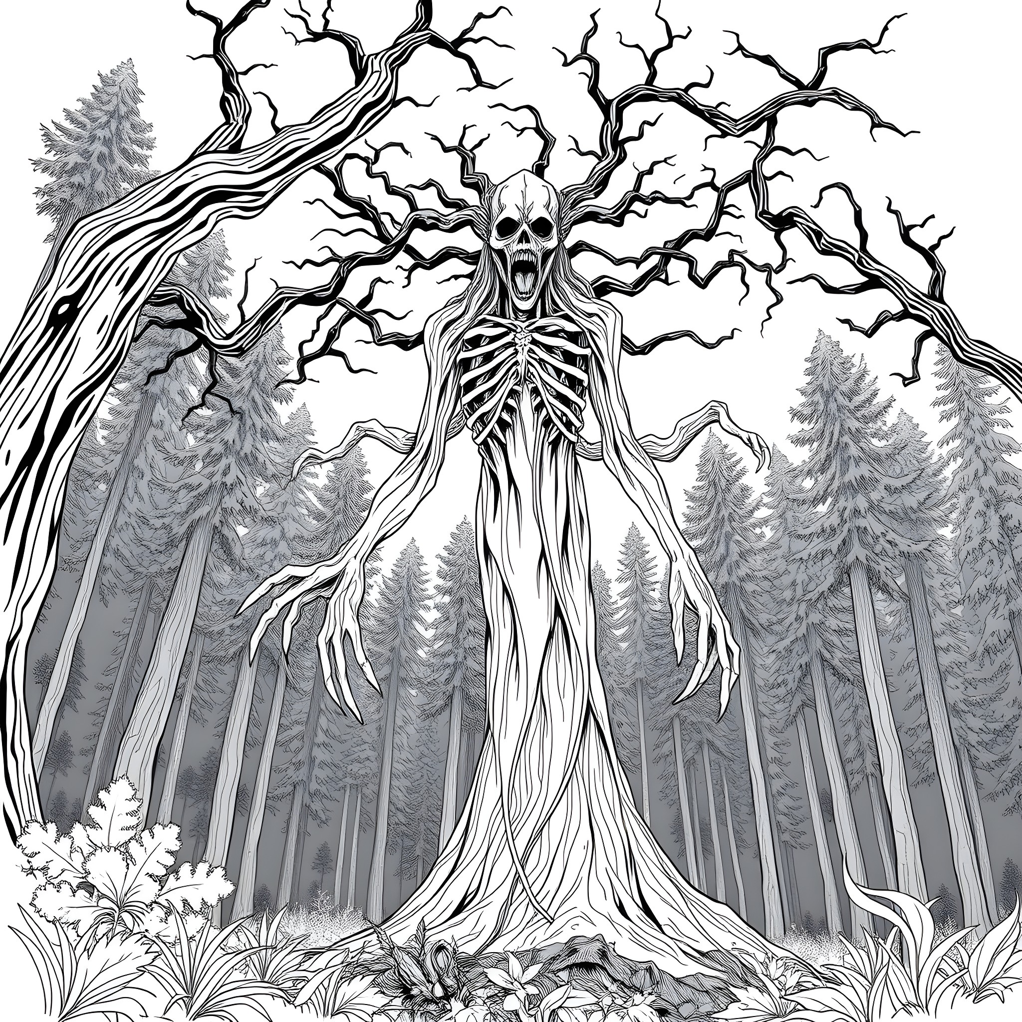 Siren Head emerging from the haunted forest Coloring Page (free black-and-white line drawing printable PDF for all, from beginners to advanced learners, including children, teens, adults, and seniors)