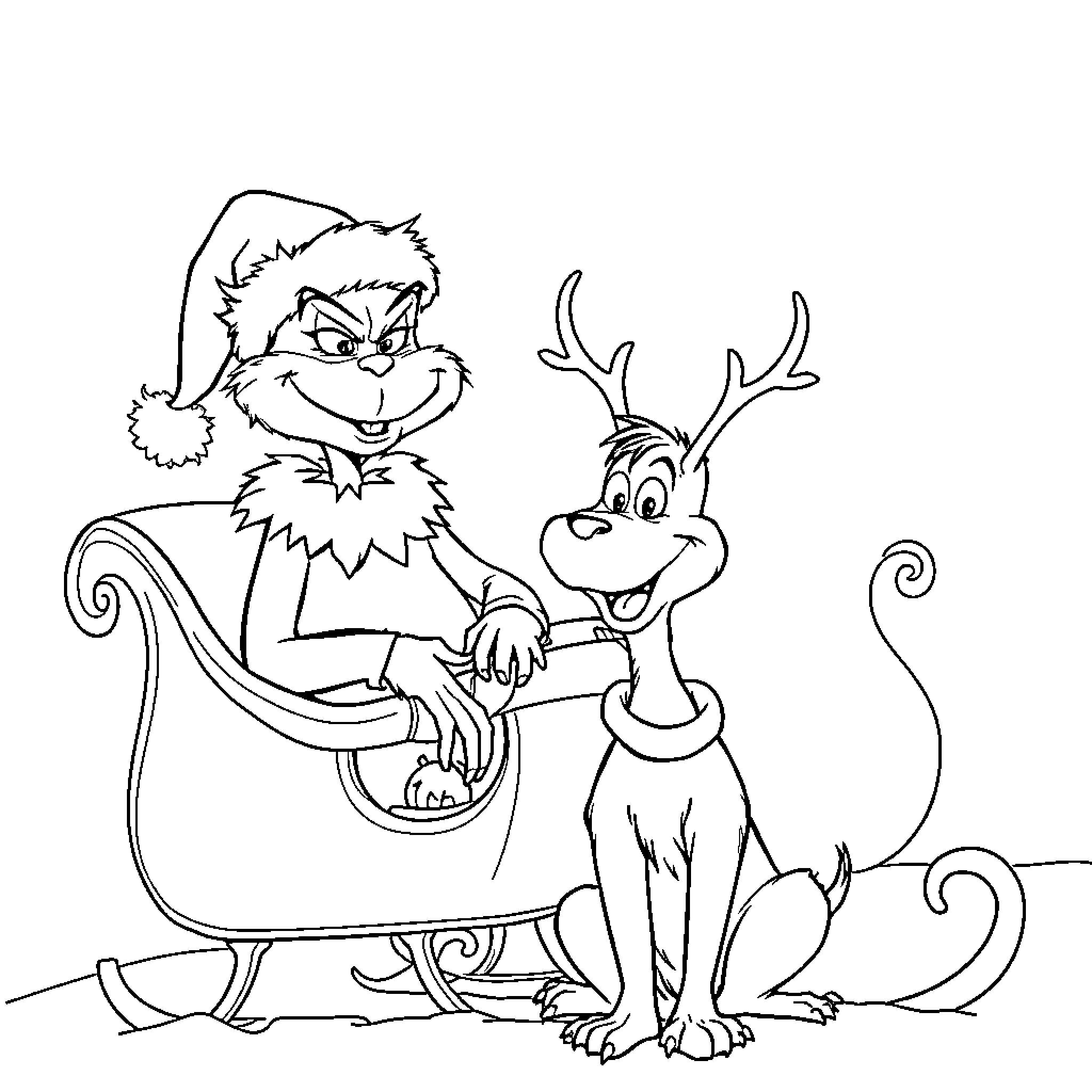 Grinch and his reindeer companion in the sleigh Coloring Page (free black-and-white line drawing printable PDF for all, from beginners to advanced learners, including children, teens, adults, and seniors)