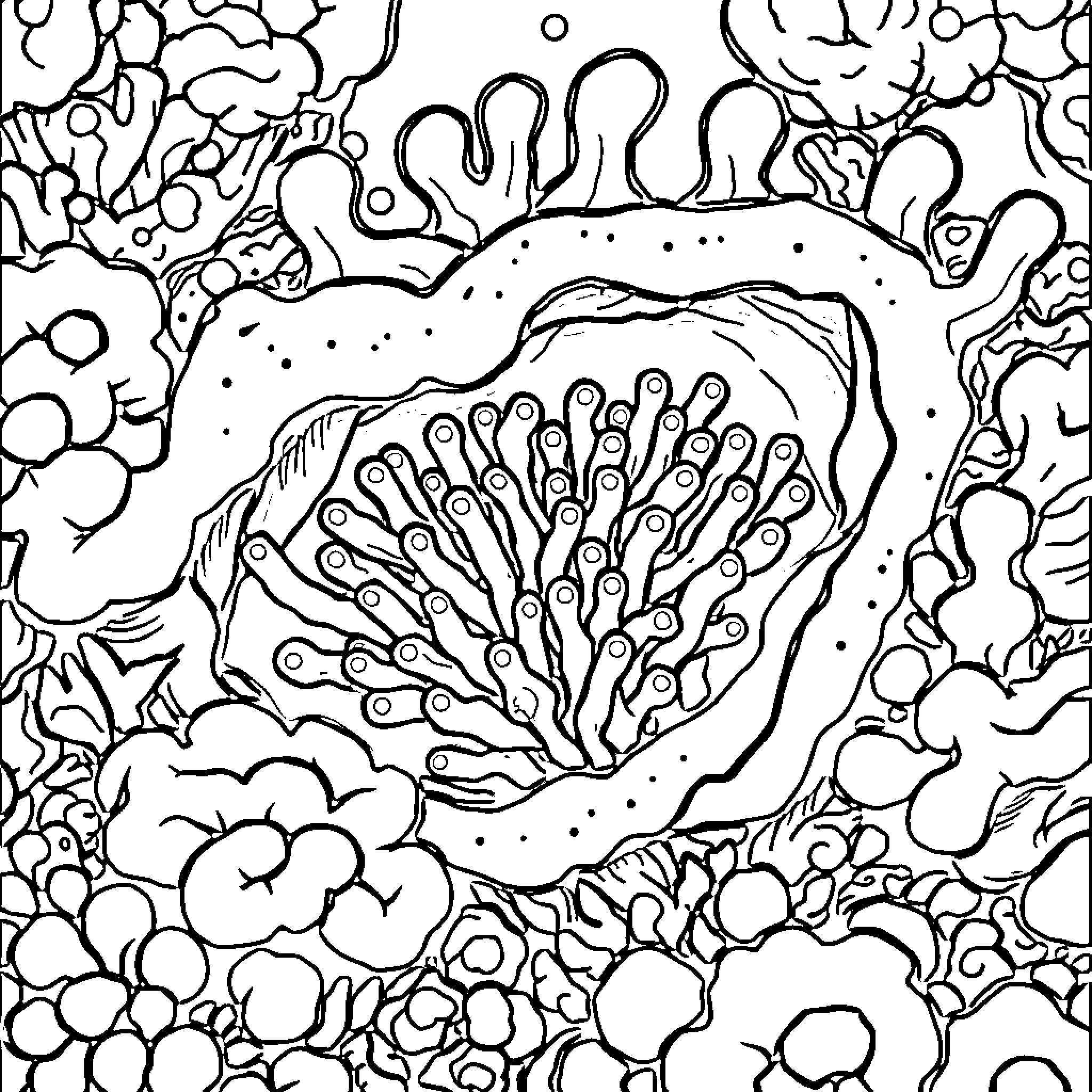 Zooxanthellae in an Underwater Ecosystem Coloring Page (free black-and-white line drawing printable PDF for all, from beginners to advanced learners, including children, teens, adults, and seniors)