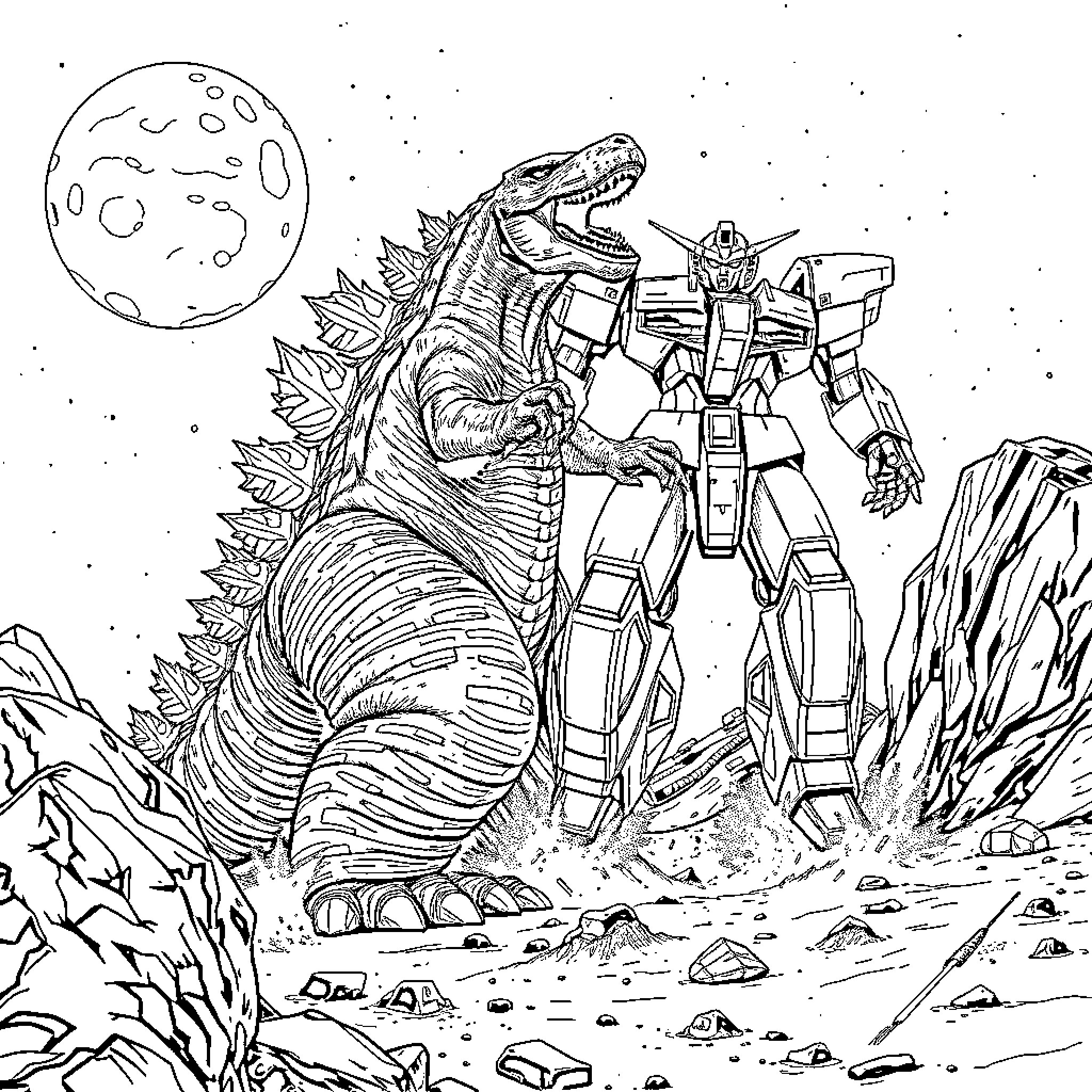 Godzilla battles a giant robot in a rocky landscape Coloring Page (free black-and-white line drawing printable PDF for all, from beginners to advanced learners, including children, teens, adults, and seniors)
