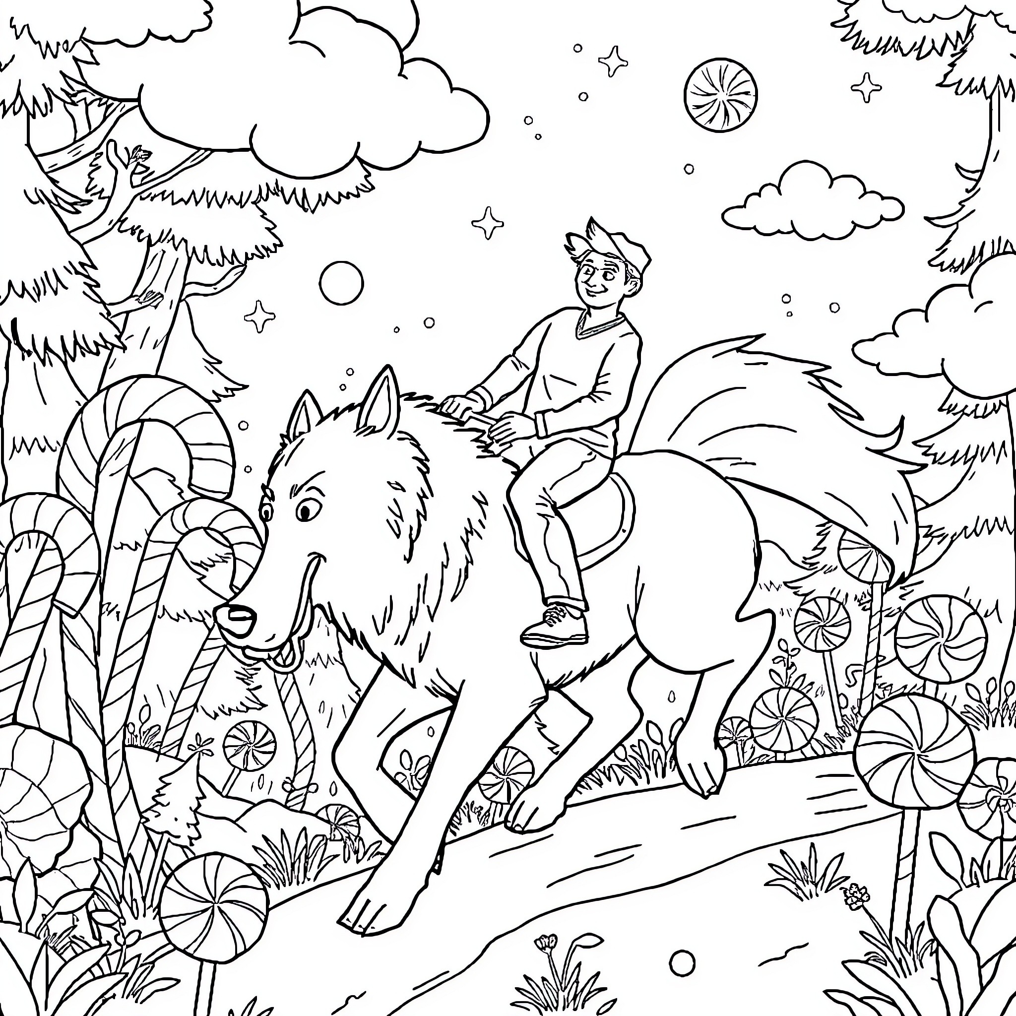 Man riding a horse through a fantasy landscape Coloring Page (free black-and-white line drawing printable PDF for all, from beginners to advanced learners, including children, teens, adults, and seniors)