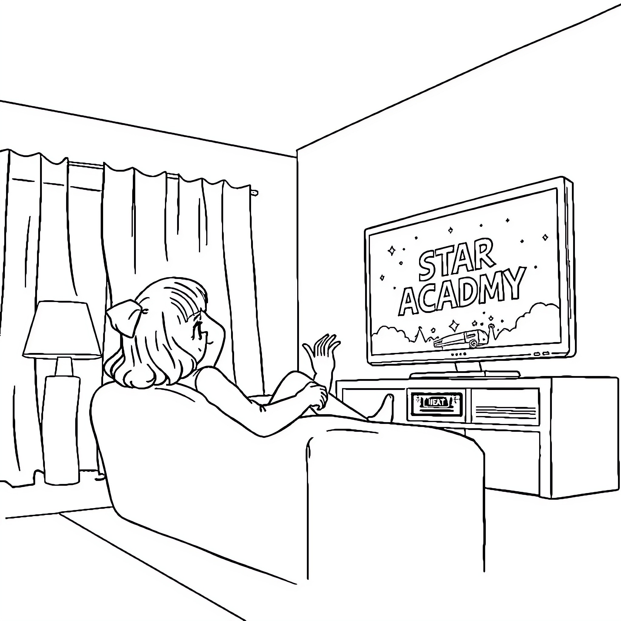 Girl watching TV in her room Coloring Page (free black-and-white line drawing printable PDF for all, from beginners to advanced learners, including children, teens, adults, and seniors)
