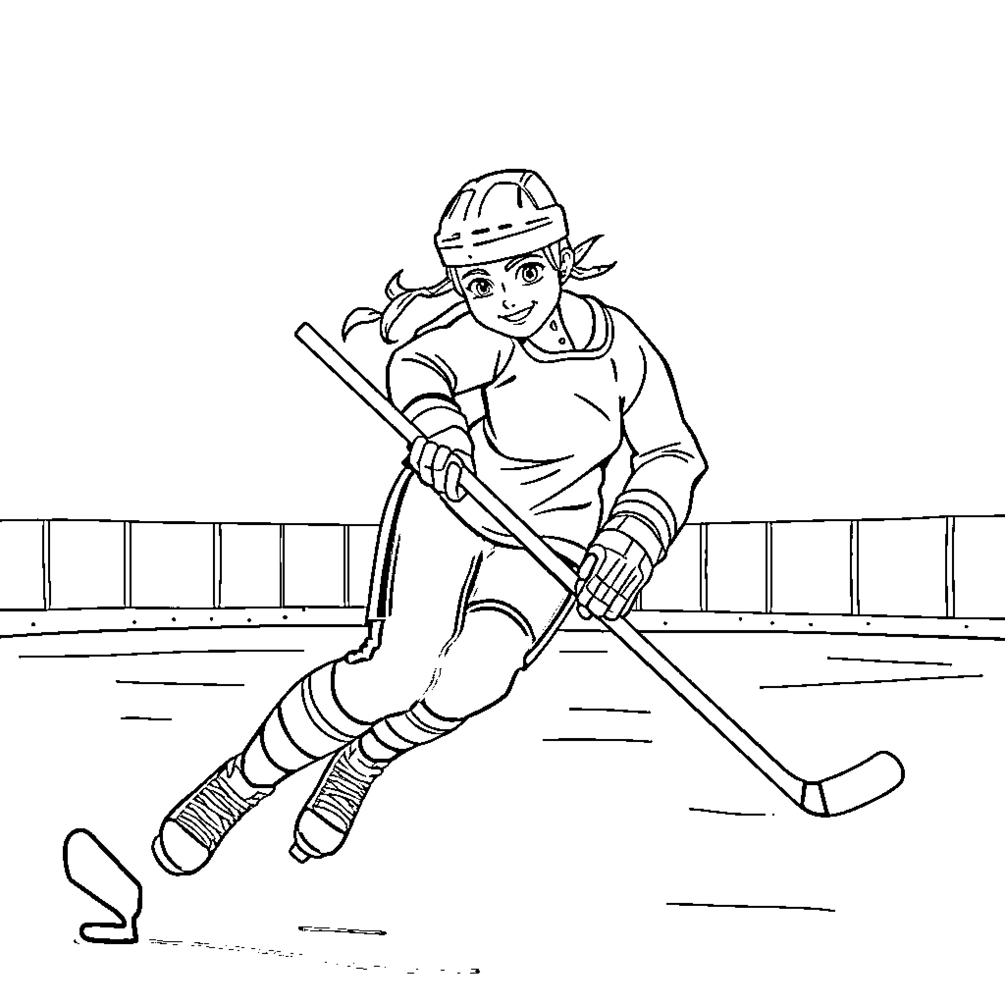 Hockey player in action on the rink Coloring Page (free black-and-white line drawing printable PDF for all, from beginners to advanced learners, including children, teens, adults, and seniors)