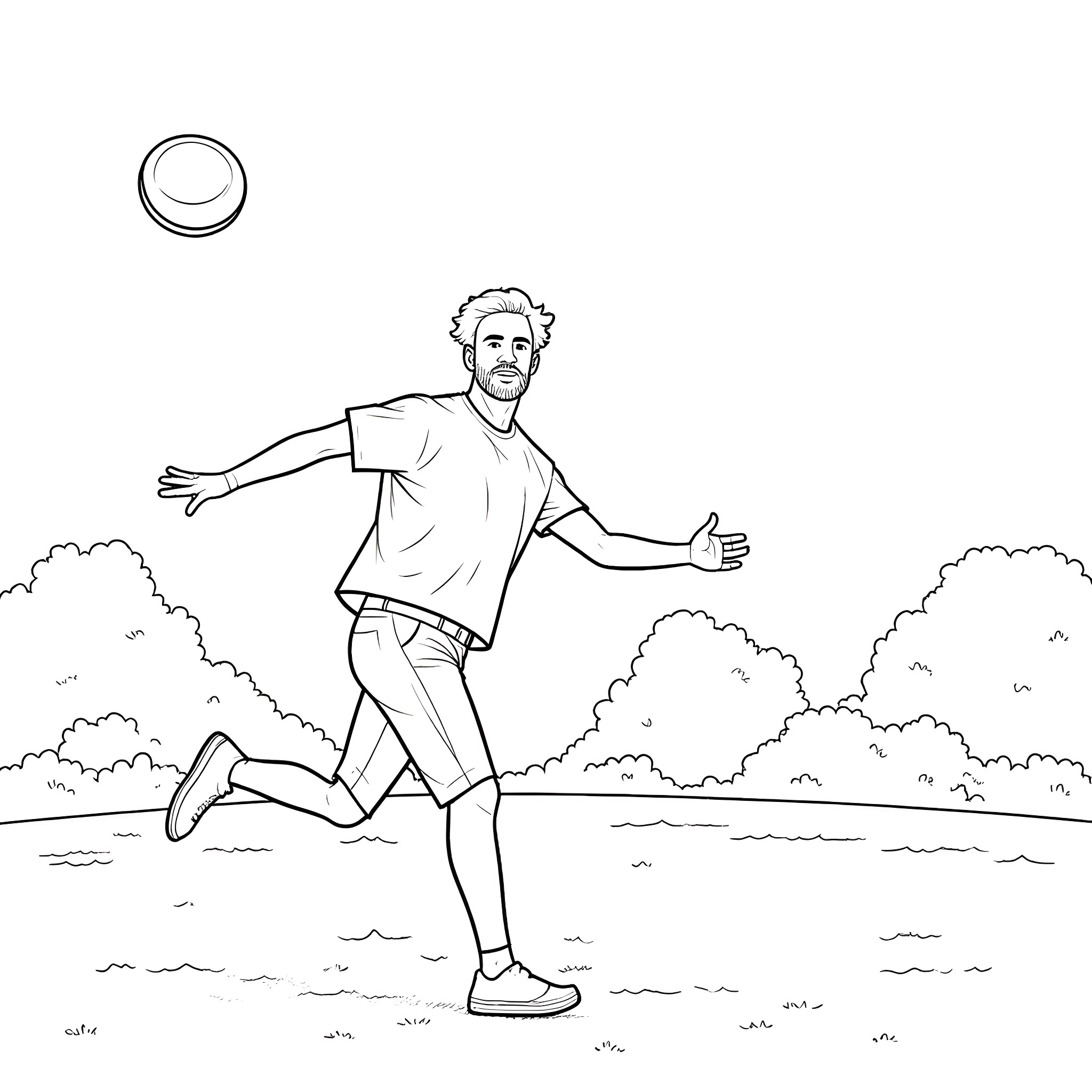 Dad playing joyfully with a flying disc in the park Coloring Page (free black-and-white line drawing printable PDF for all, from beginners to advanced learners, including children, teens, adults, and seniors)