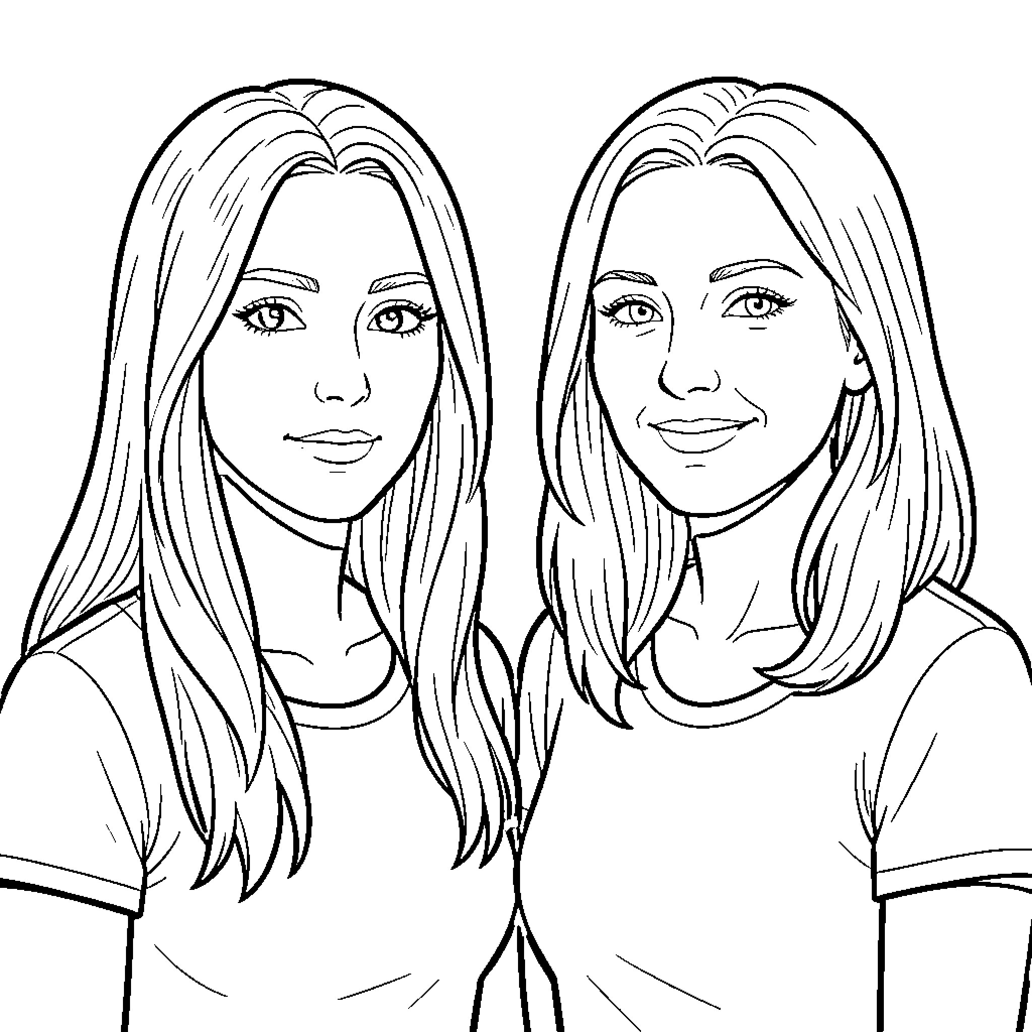 Girls with long hair posing in casual outfits Coloring Page (free black-and-white line drawing printable PDF for all, from beginners to advanced learners, including children, teens, adults, and seniors)
