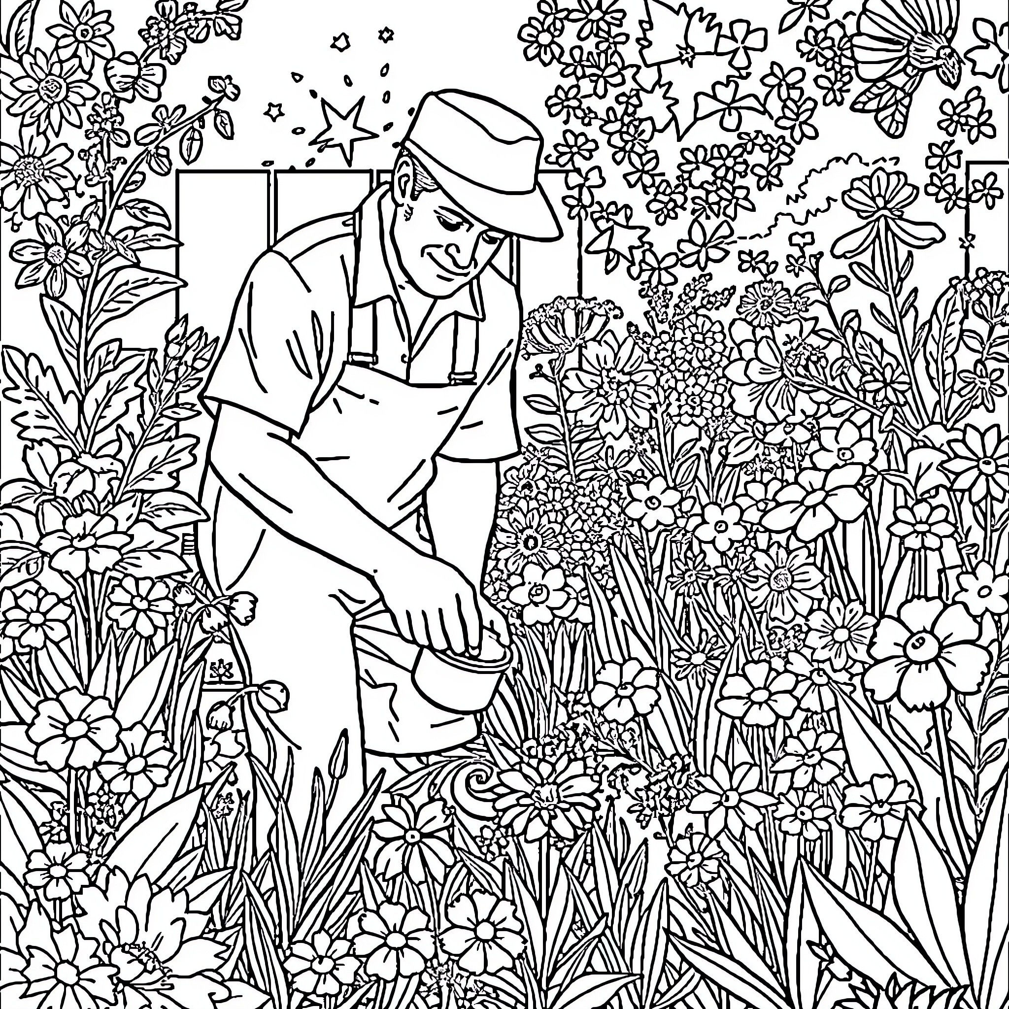 Mihali Savoulidis tending to his vibrant garden Coloring Page (free black-and-white line drawing printable PDF for all, from beginners to advanced learners, including children, teens, adults, and seniors)