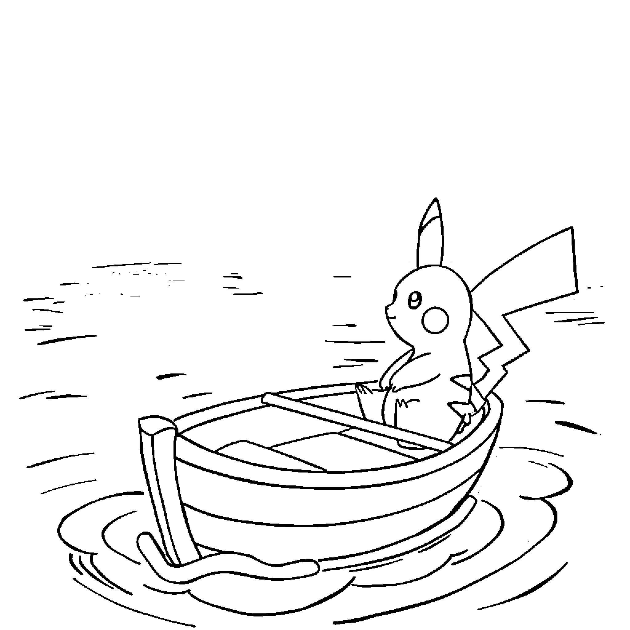 Pikachu sailing on a boat in the water Coloring Page (free black-and-white line drawing printable PDF for all, from beginners to advanced learners, including children, teens, adults, and seniors)