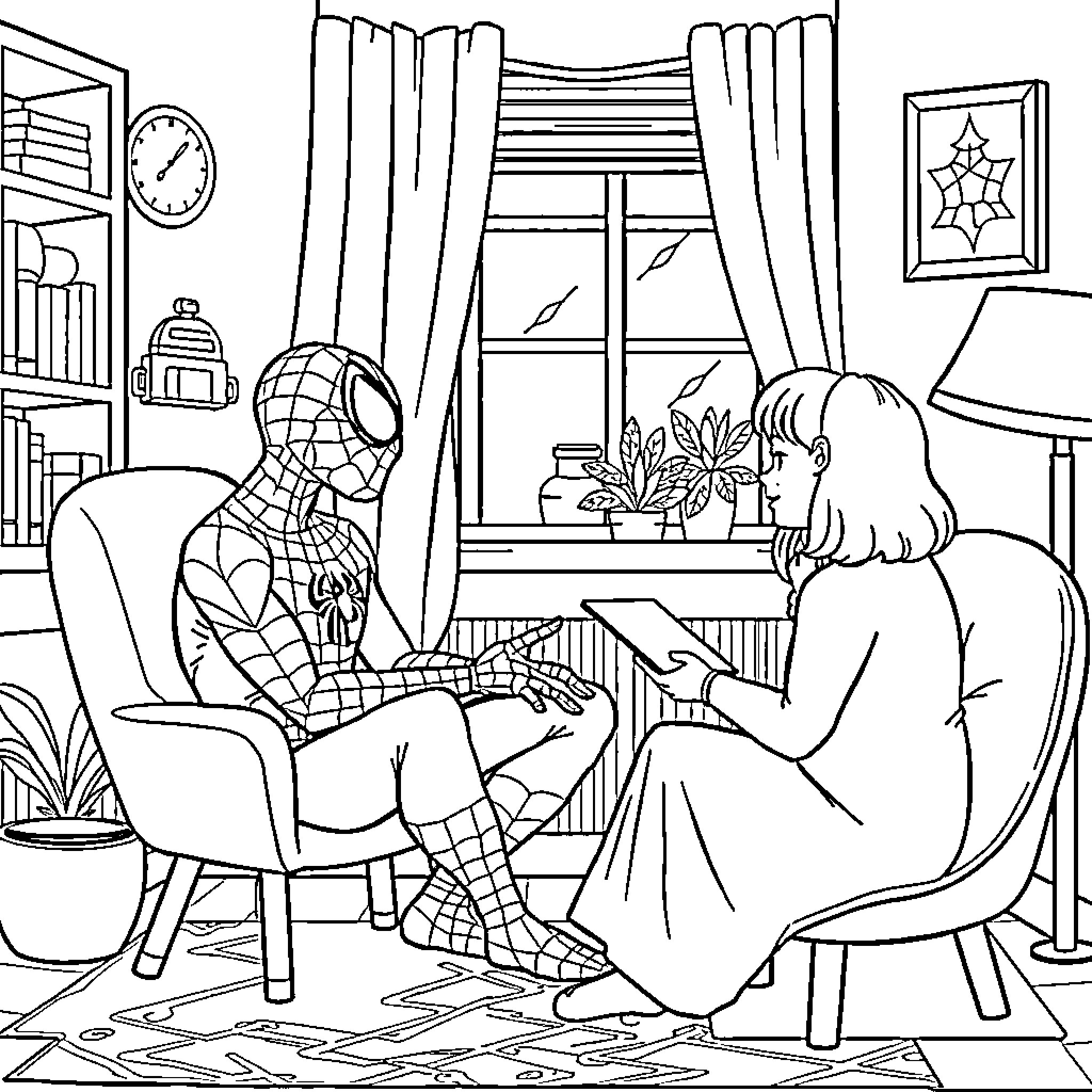 Spidey and Friend Enjoying Cozy Chat Coloring Page (free black-and-white line drawing printable PDF for all, from beginners to advanced learners, including children, teens, adults, and seniors)