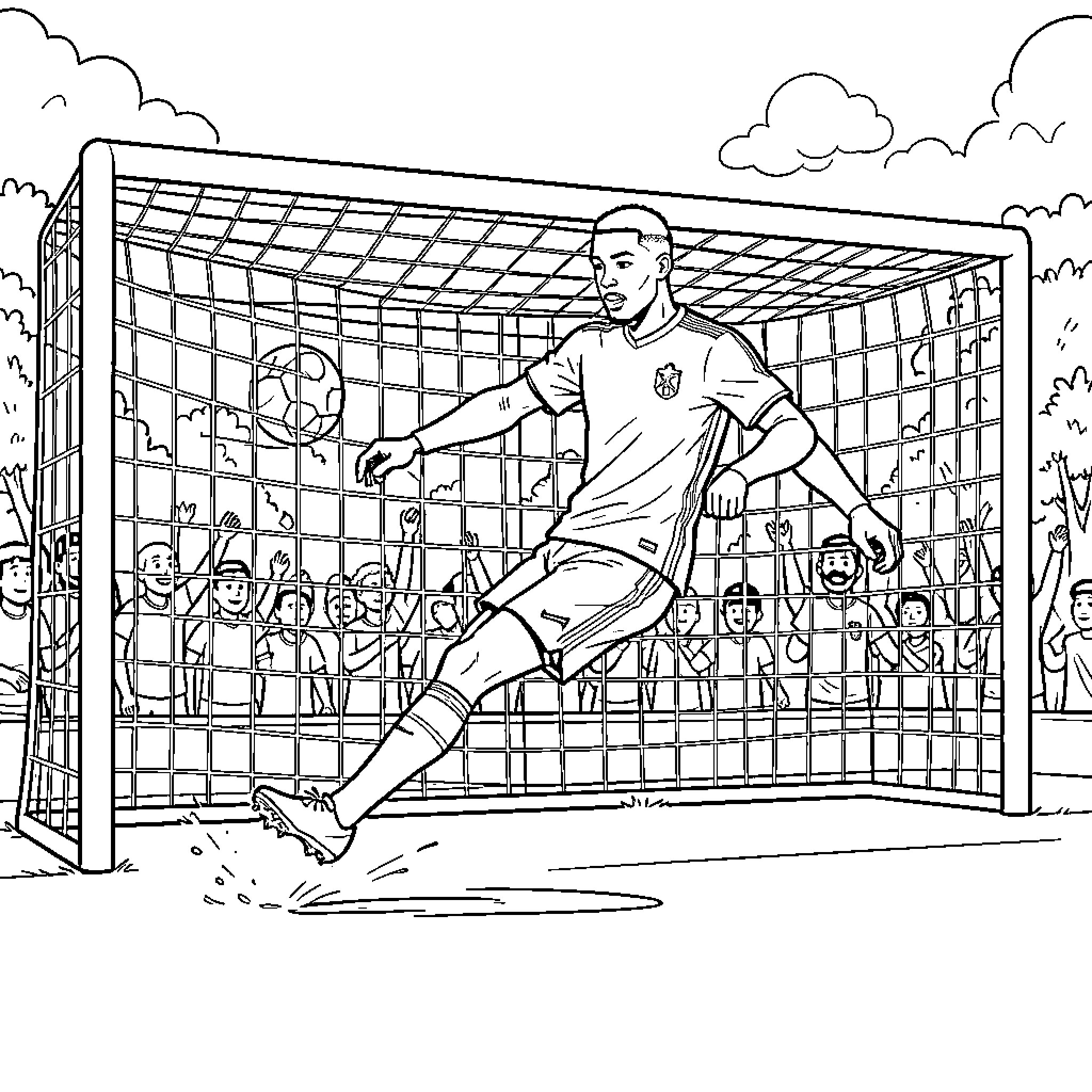 Mbappe kicking a soccer ball into the goal Coloring Page (free black-and-white line drawing printable PDF for all, from beginners to advanced learners, including children, teens, adults, and seniors)