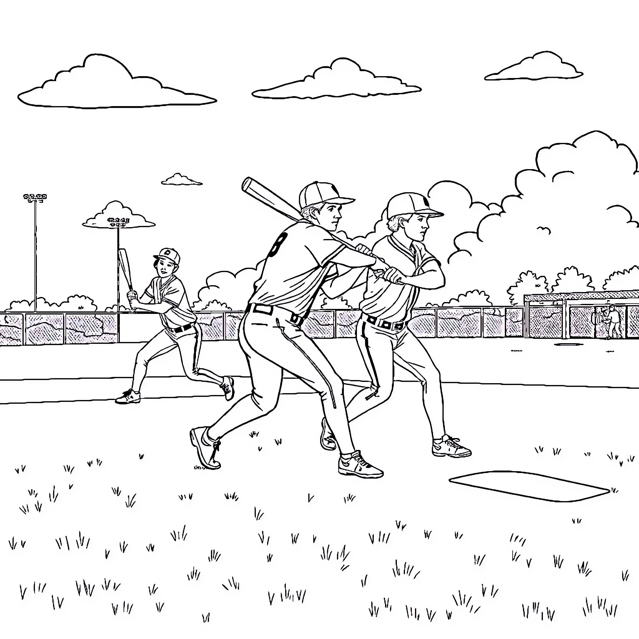 Banana players competing in a baseball game Coloring Page (free black-and-white line drawing printable PDF for all, from beginners to advanced learners, including children, teens, adults, and seniors)