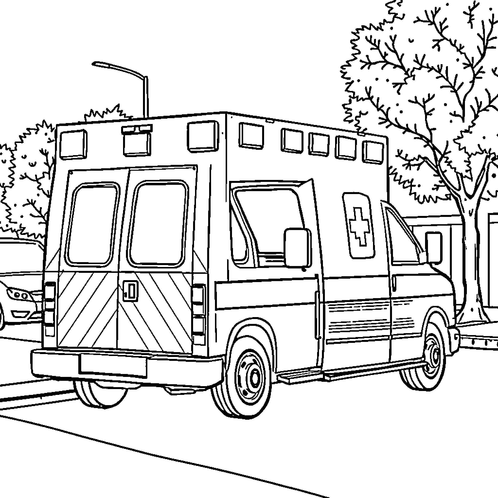 Ambulance responding to emergency on the road Coloring Page (free black-and-white line drawing printable PDF for all, from beginners to advanced learners, including children, teens, adults, and seniors)