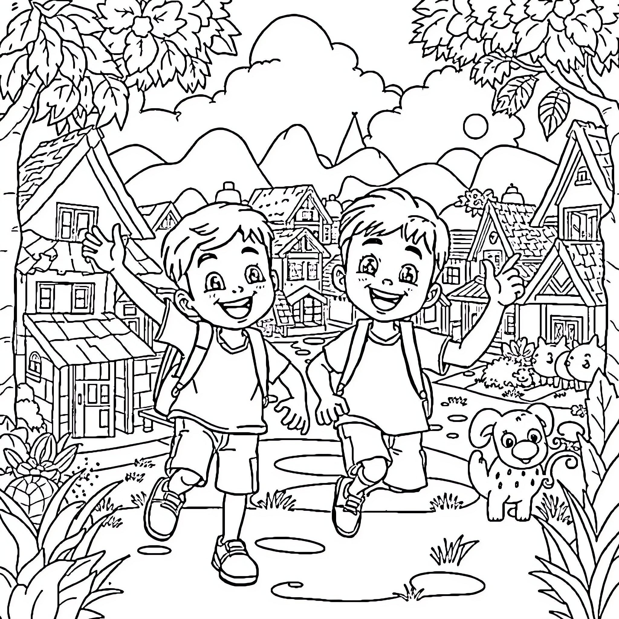 Upin Ipin playing happily in the village Coloring Page (free black-and-white line drawing printable PDF for all, from beginners to advanced learners, including children, teens, adults, and seniors)