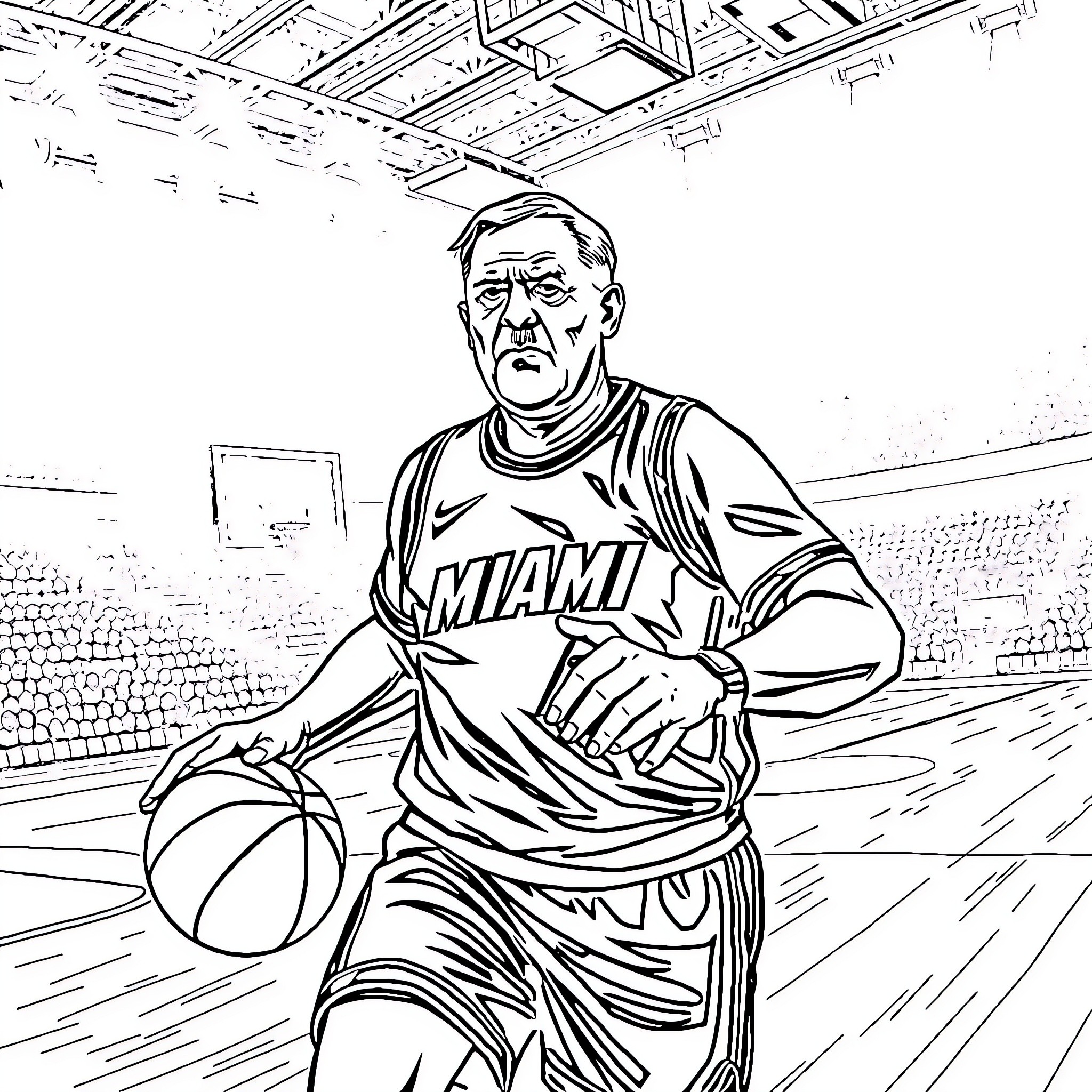 Basketball player in action on the court Coloring Page (free black-and-white line drawing printable PDF for all, from beginners to advanced learners, including children, teens, adults, and seniors)