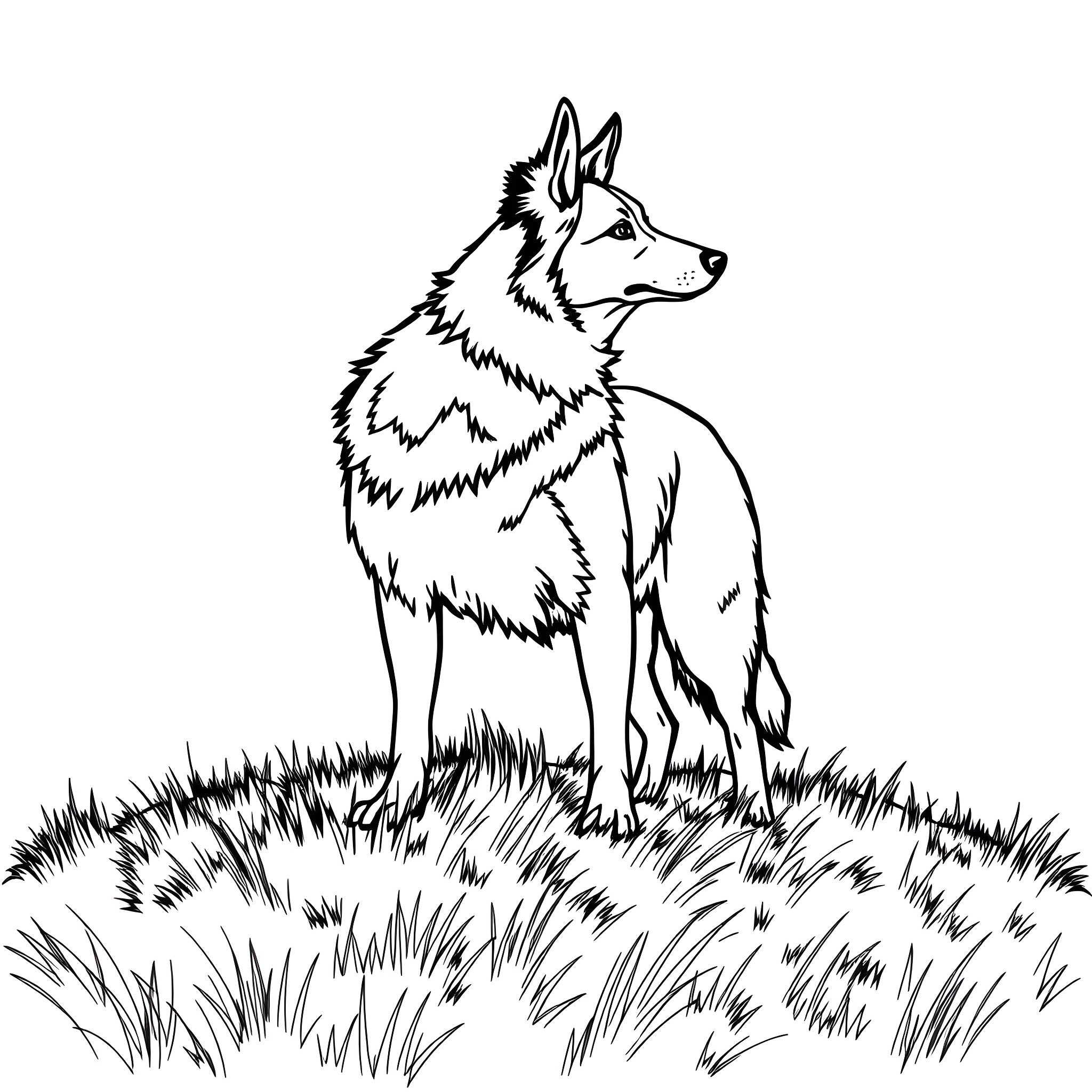 Border Collie standing alert in the grass Coloring Page (free black-and-white line drawing printable PDF for all, from beginners to advanced learners, including children, teens, adults, and seniors)