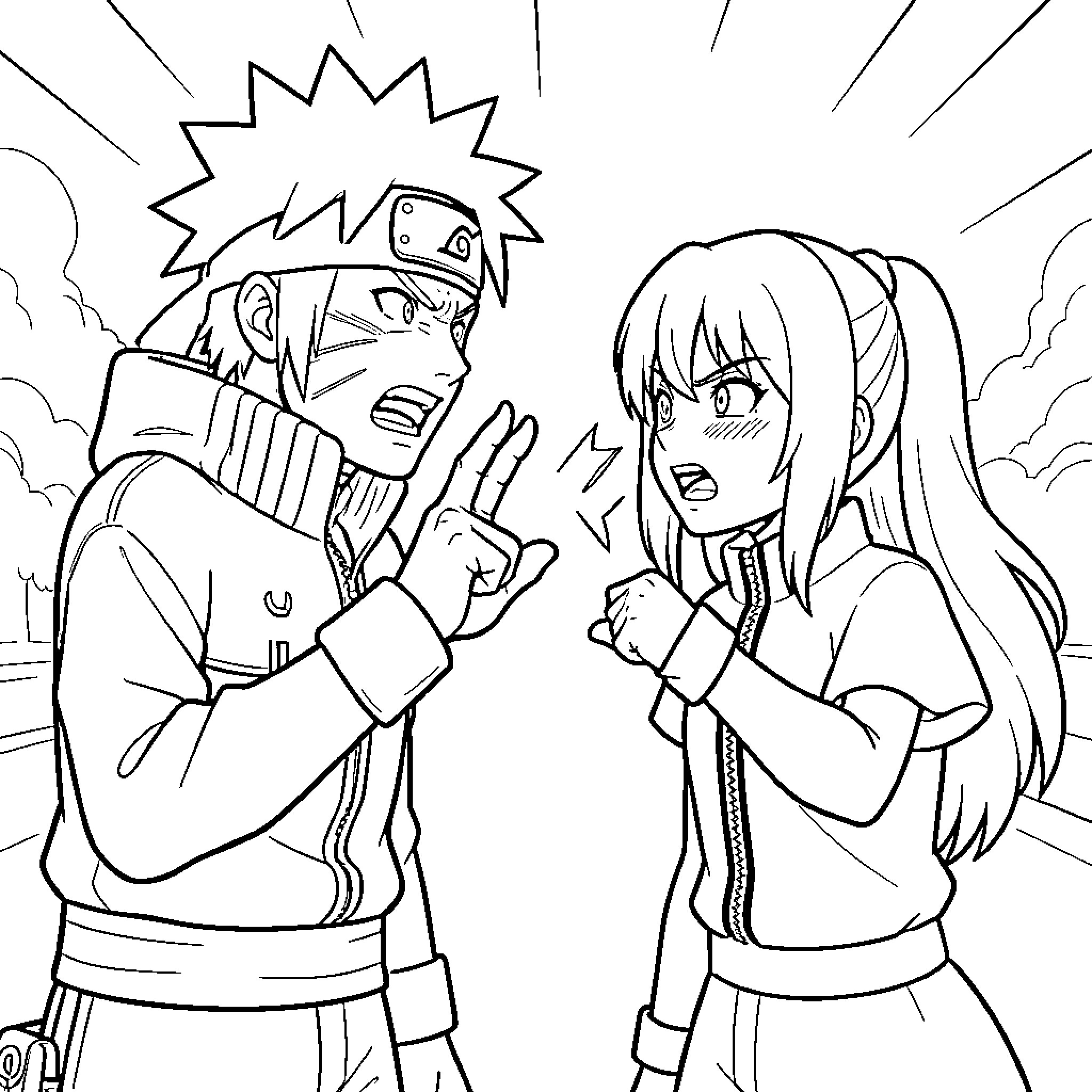 Naruto and a female character arguing intensely Coloring Page (free black-and-white line drawing printable PDF for all, from beginners to advanced learners, including children, teens, adults, and seniors)
