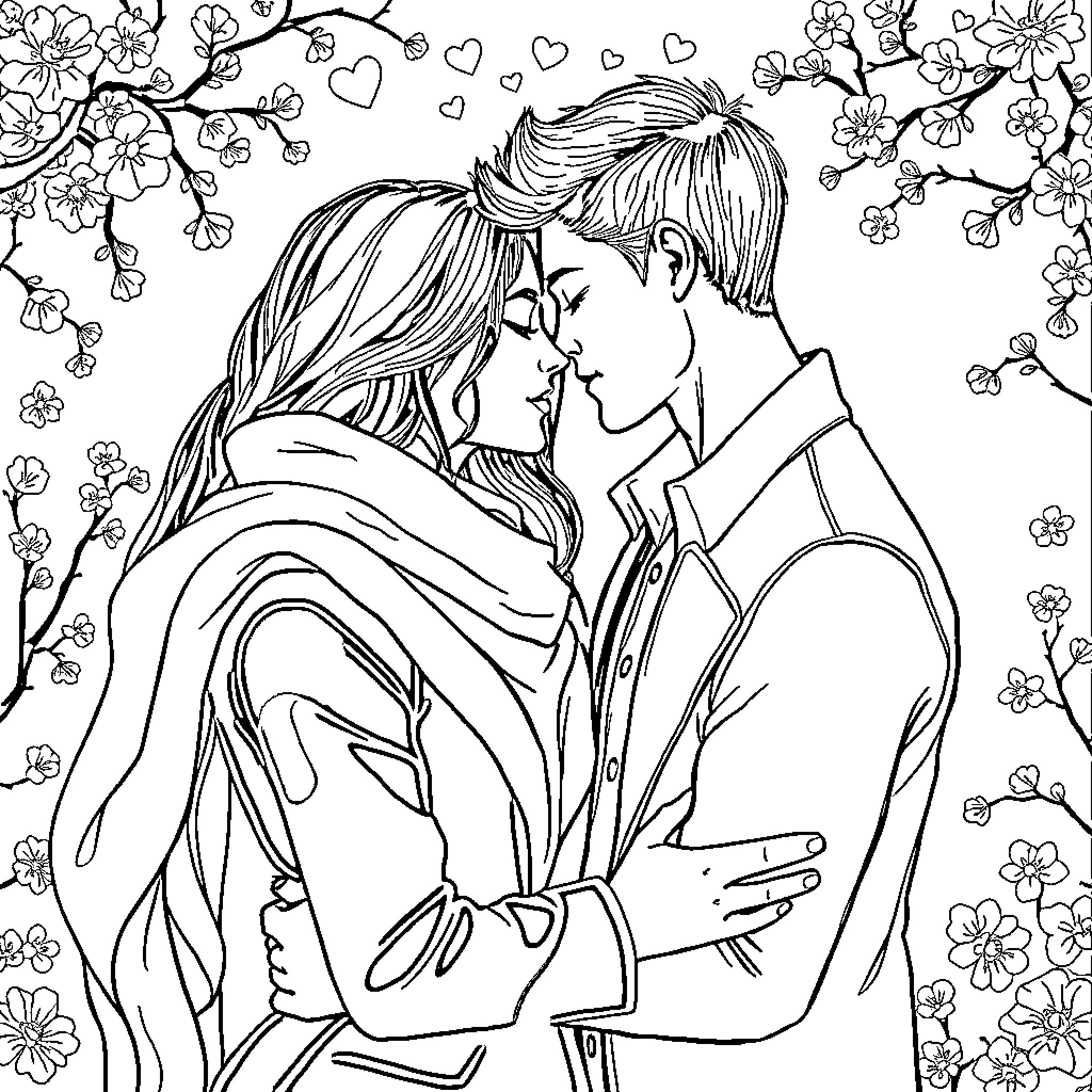Time for Loving Embrace in Blooming Flowers Coloring Page (free black-and-white line drawing printable PDF for all, from beginners to advanced learners, including children, teens, adults, and seniors)