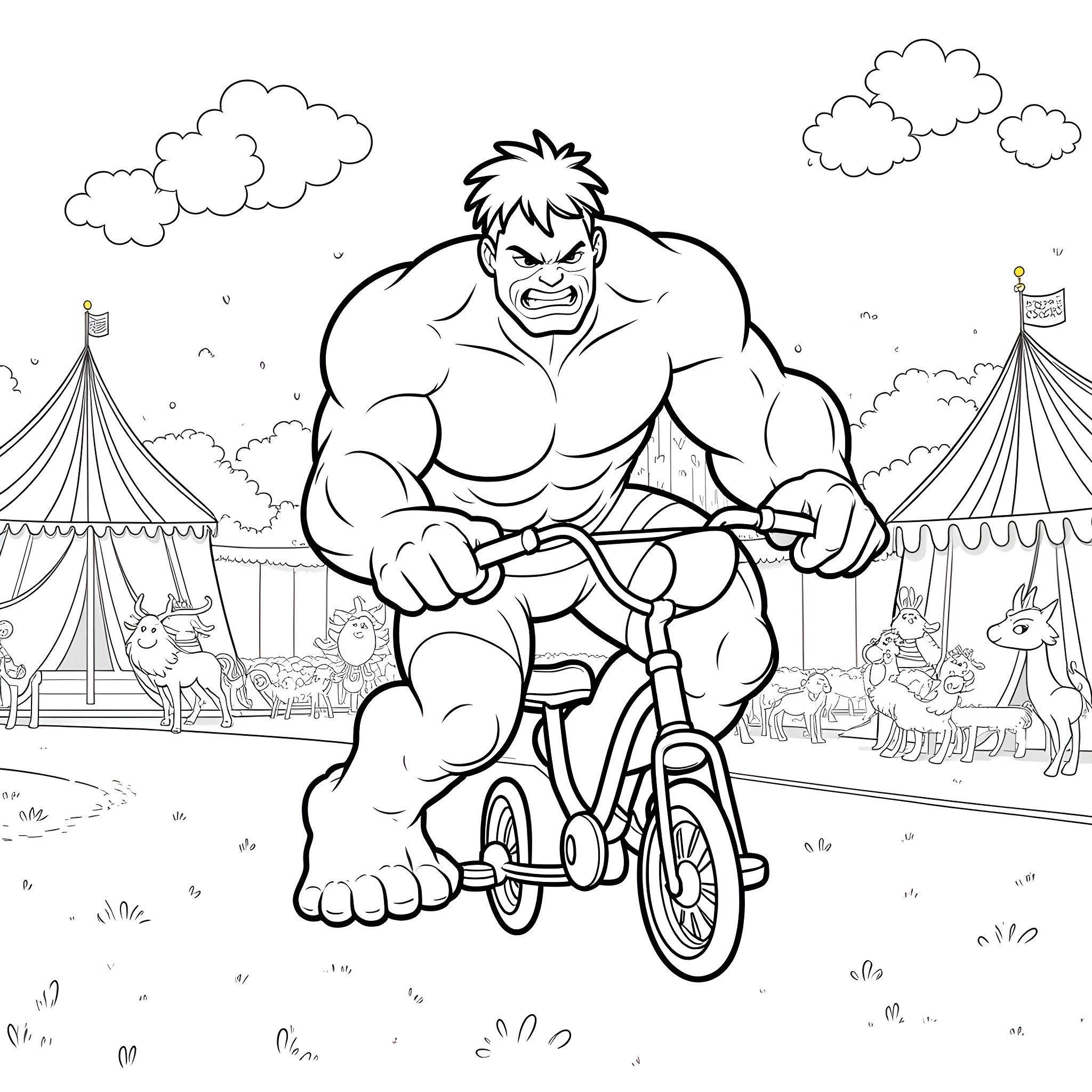 Hulk riding a bicycle at the circus Coloring Page (free black-and-white line drawing printable PDF for all, from beginners to advanced learners, including children, teens, adults, and seniors)