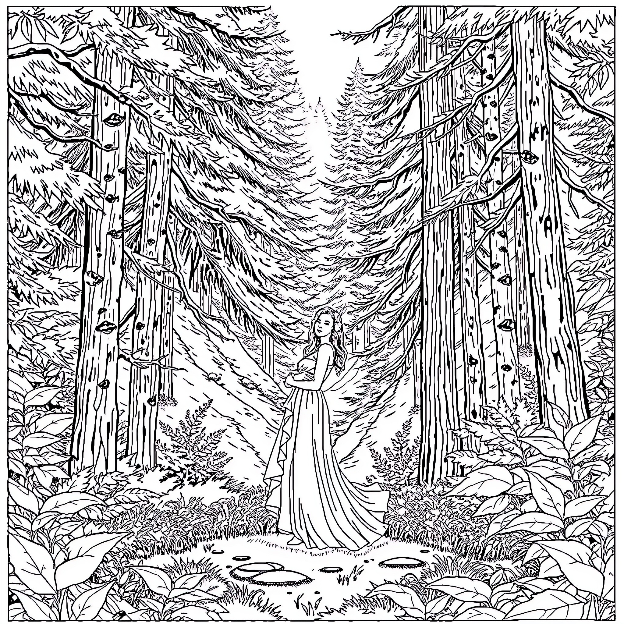Woman walking alone through the enchanted forest Coloring Page (free black-and-white line drawing printable PDF for all, from beginners to advanced learners, including children, teens, adults, and seniors)