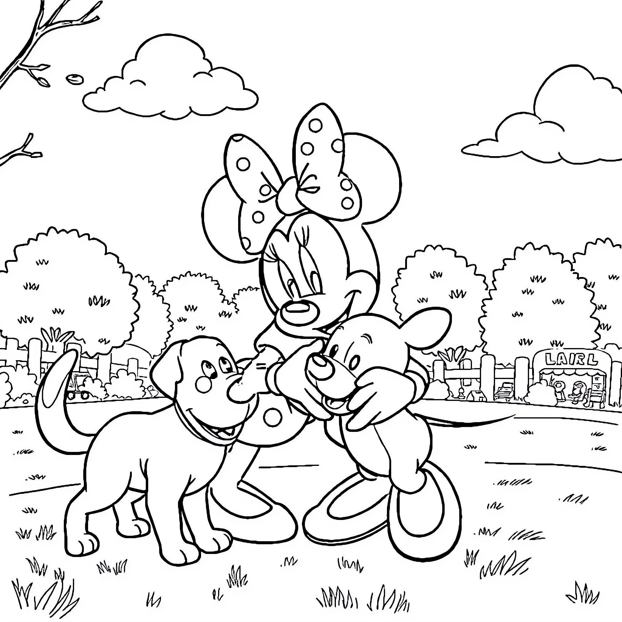 Minnie Mouse and dog playing together in the park Coloring Page (free black-and-white line drawing printable PDF for all, from beginners to advanced learners, including children, teens, adults, and seniors)