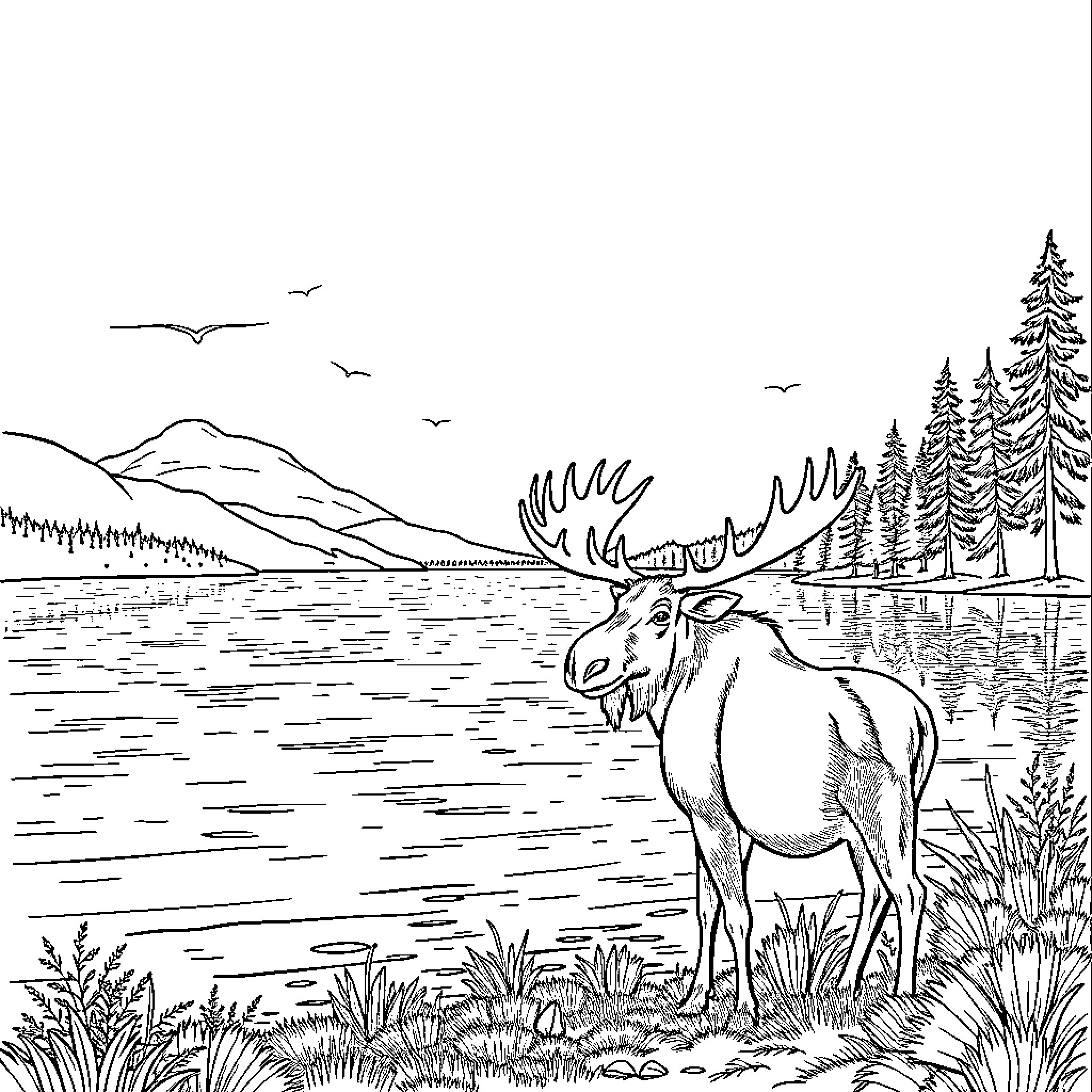Moose standing proudly in scenic wilderness landscape Coloring Page (free black-and-white line drawing printable PDF for all, from beginners to advanced learners, including children, teens, adults, and seniors)