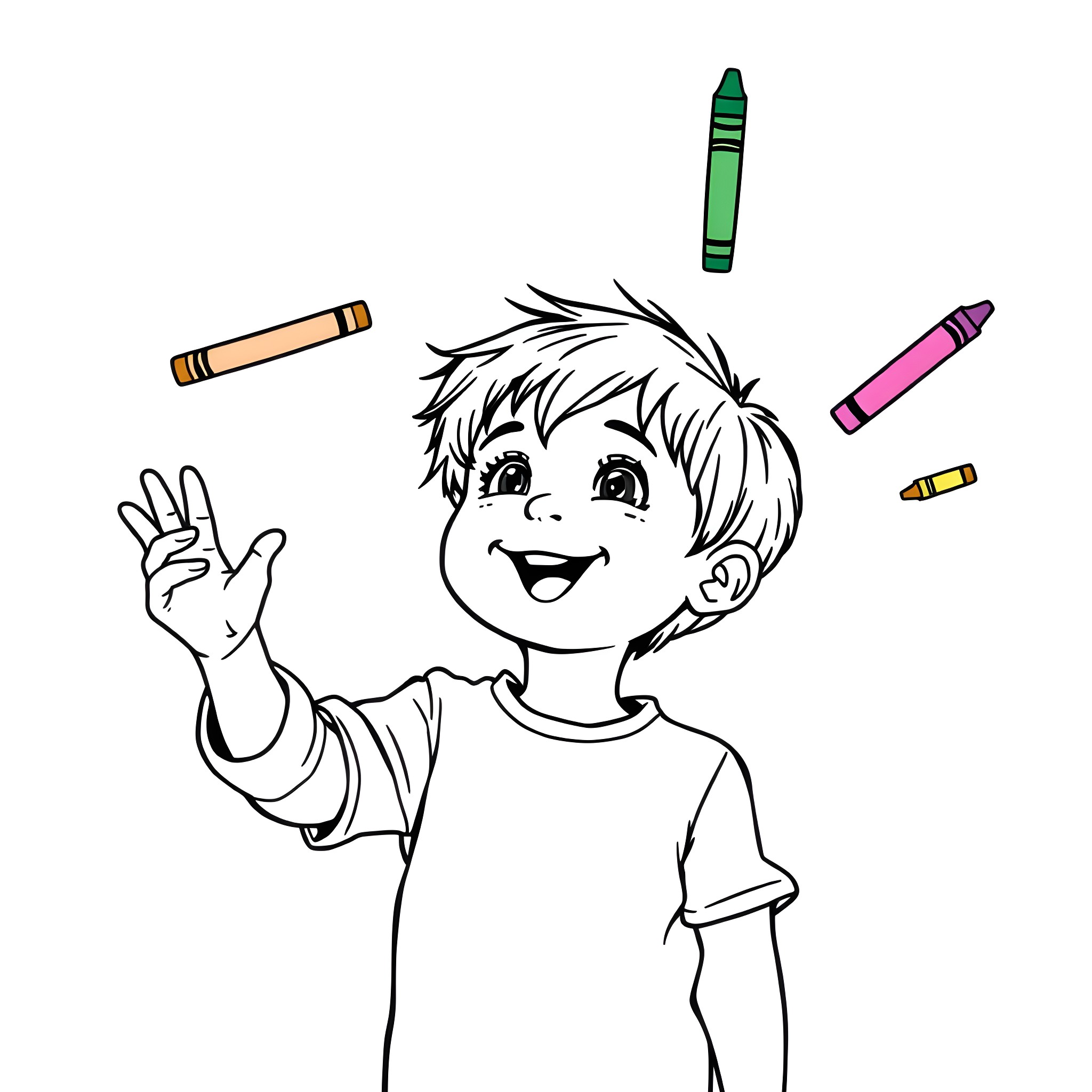 Child enjoying art supplies and making a peace sign Coloring Page (free black-and-white line drawing printable PDF for all, from beginners to advanced learners, including children, teens, adults, and seniors)