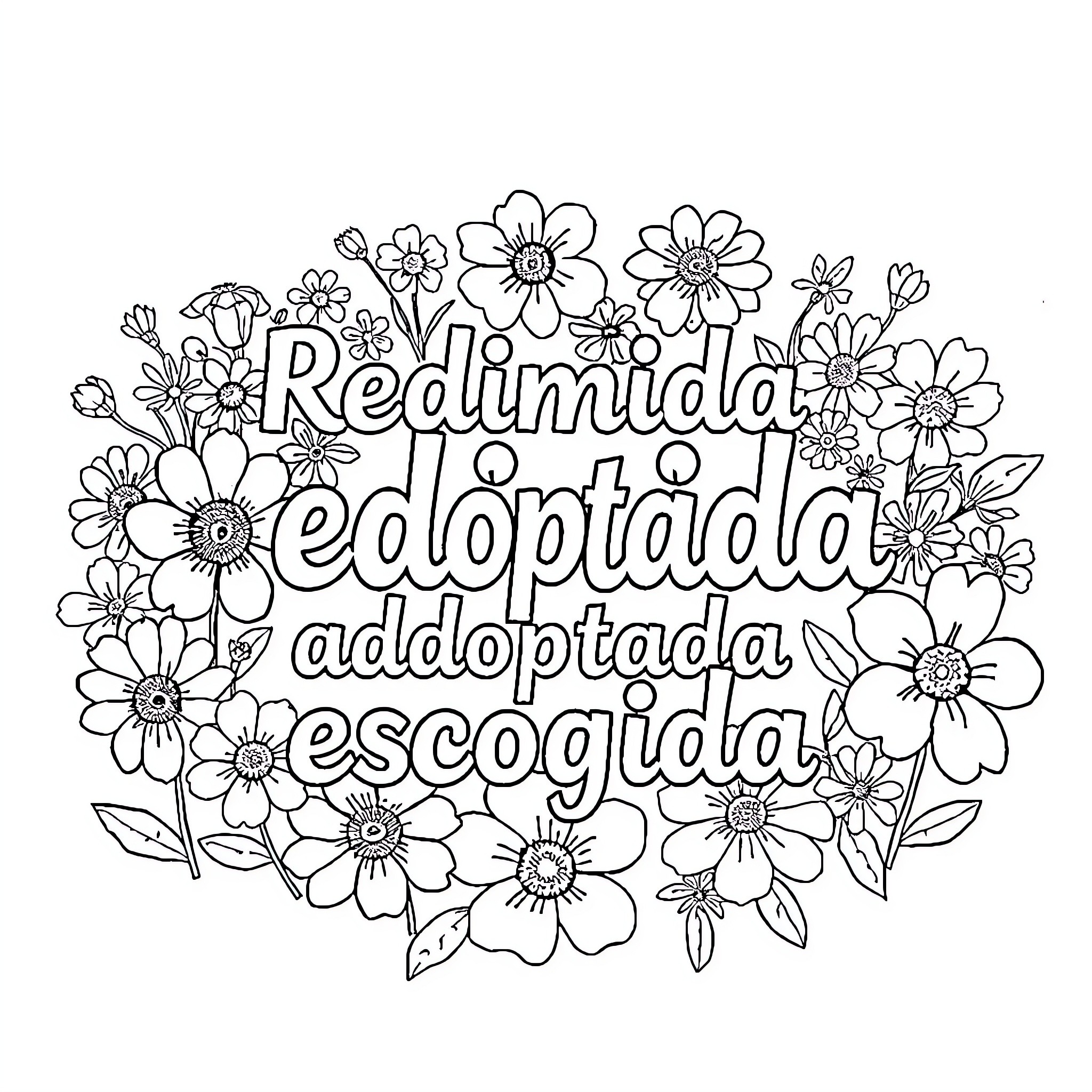 Word floral pattern with text Coloring Page (free black-and-white line drawing printable PDF for all, from beginners to advanced learners, including children, teens, adults, and seniors)