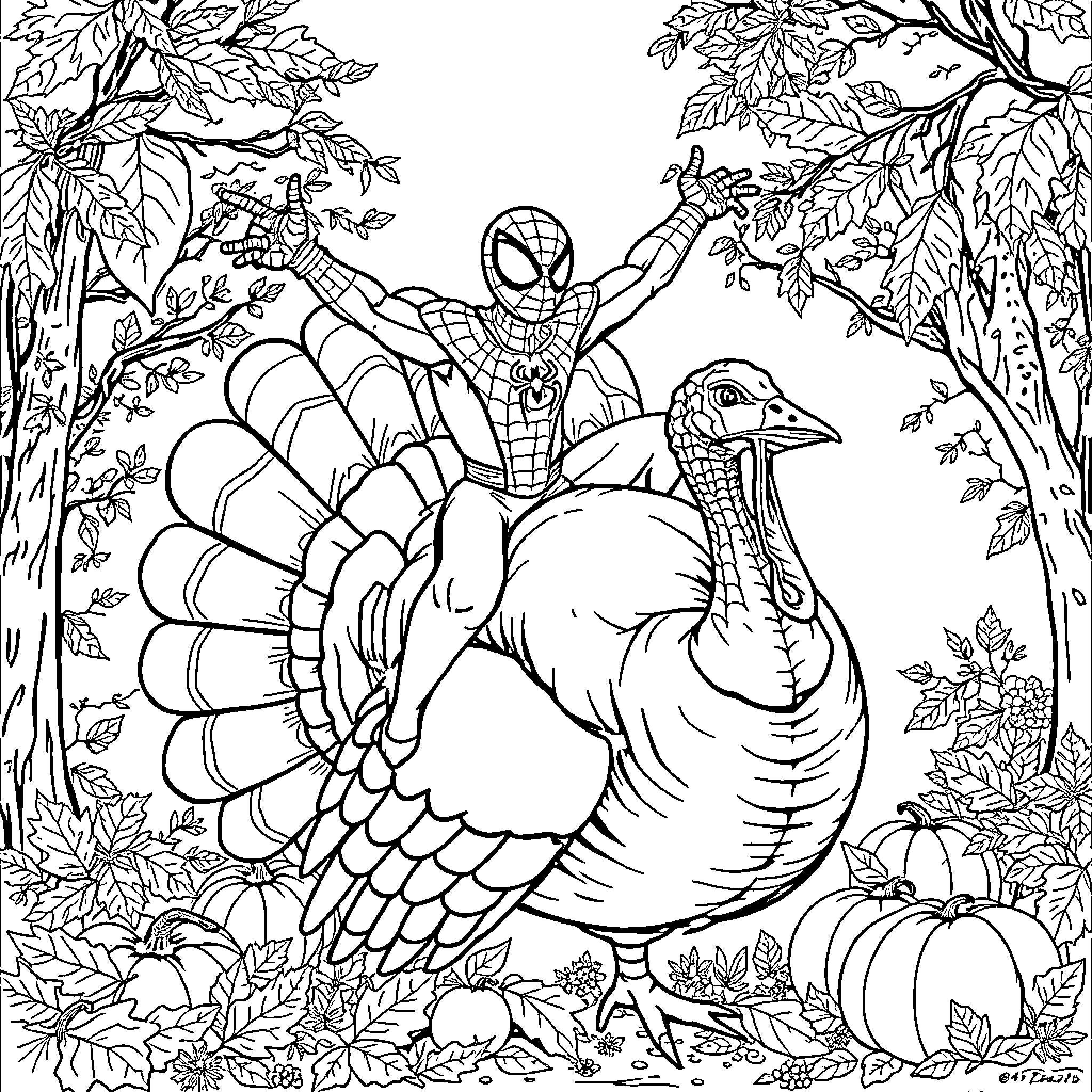 Spider-Man swinging through a forest with a turkey Coloring Page (free black-and-white line drawing printable PDF for all, from beginners to advanced learners, including children, teens, adults, and seniors)