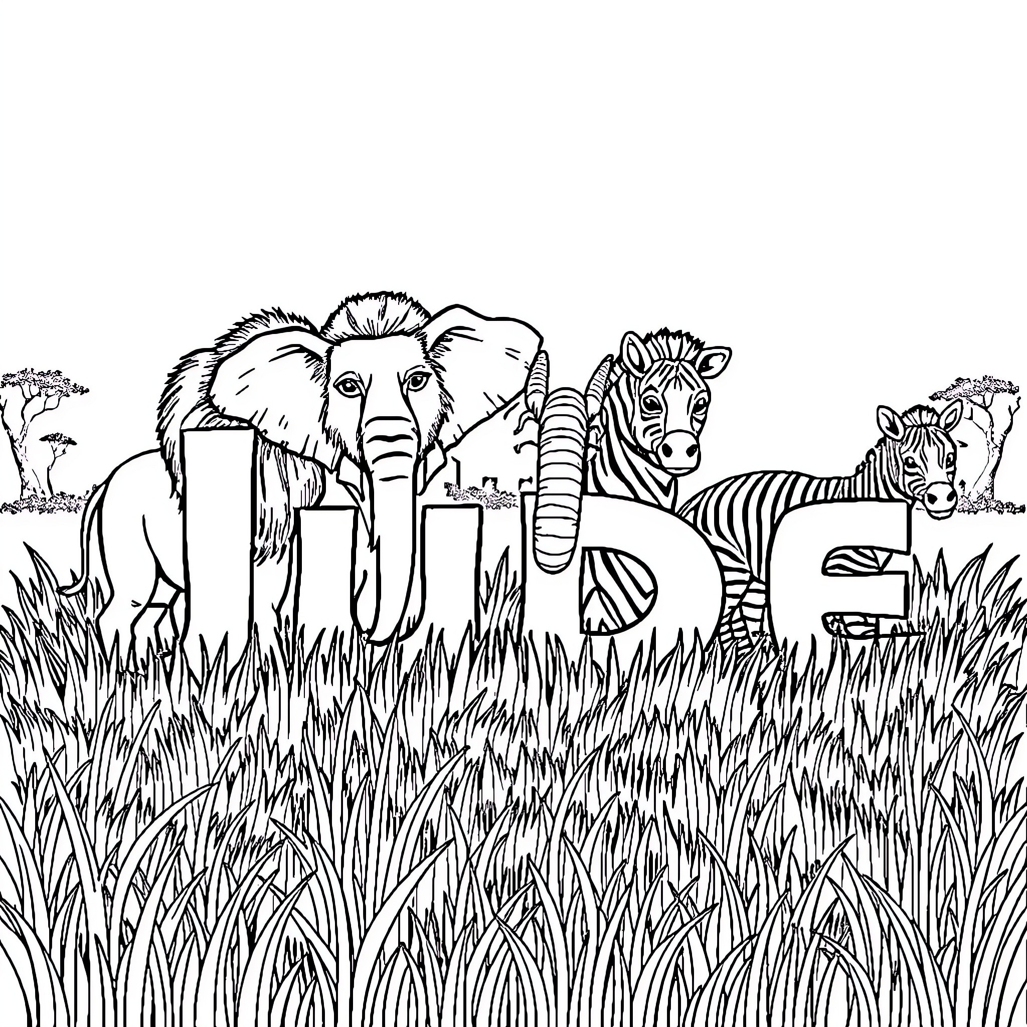 Safari Animal Group Exploring Savanna Scenery Coloring Page (free black-and-white line drawing printable PDF for all, from beginners to advanced learners, including children, teens, adults, and seniors)