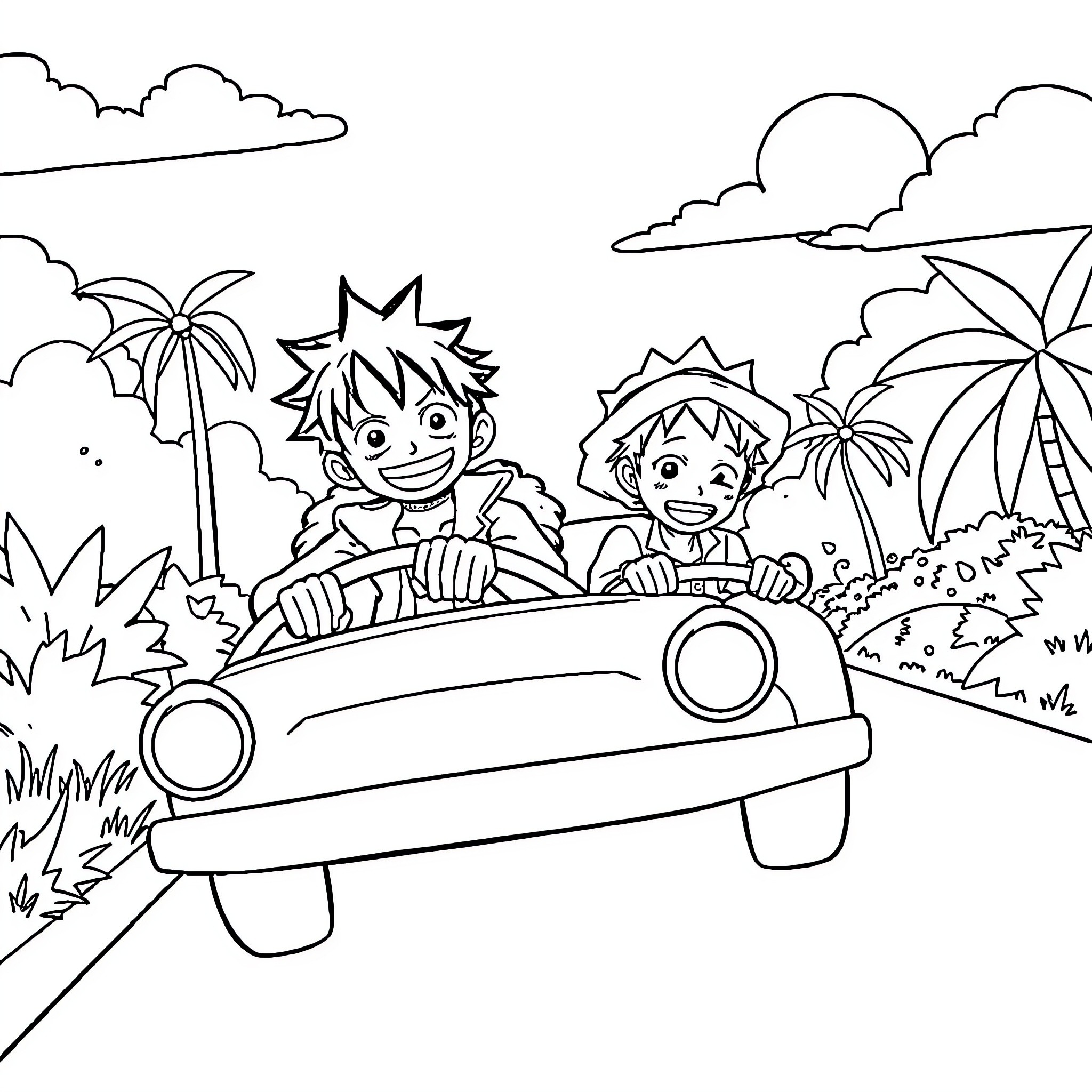 One Piece - Luffy and Chopper on a tropical adventure Coloring Page (free black-and-white line drawing printable PDF for all, from beginners to advanced learners, including children, teens, adults, and seniors)