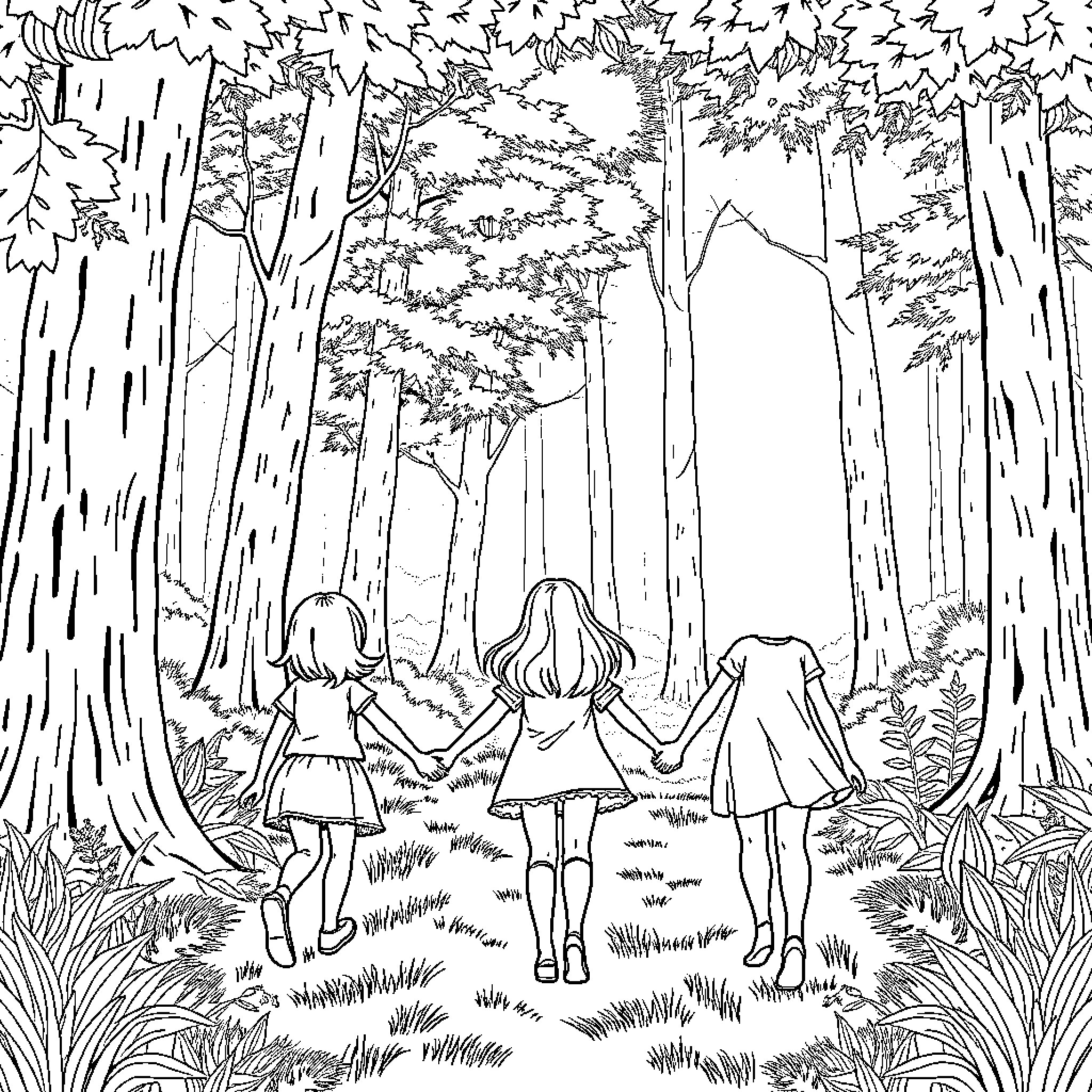 Girls exploring the enchanted forest Coloring Page (free black-and-white line drawing printable PDF for all, from beginners to advanced learners, including children, teens, adults, and seniors)