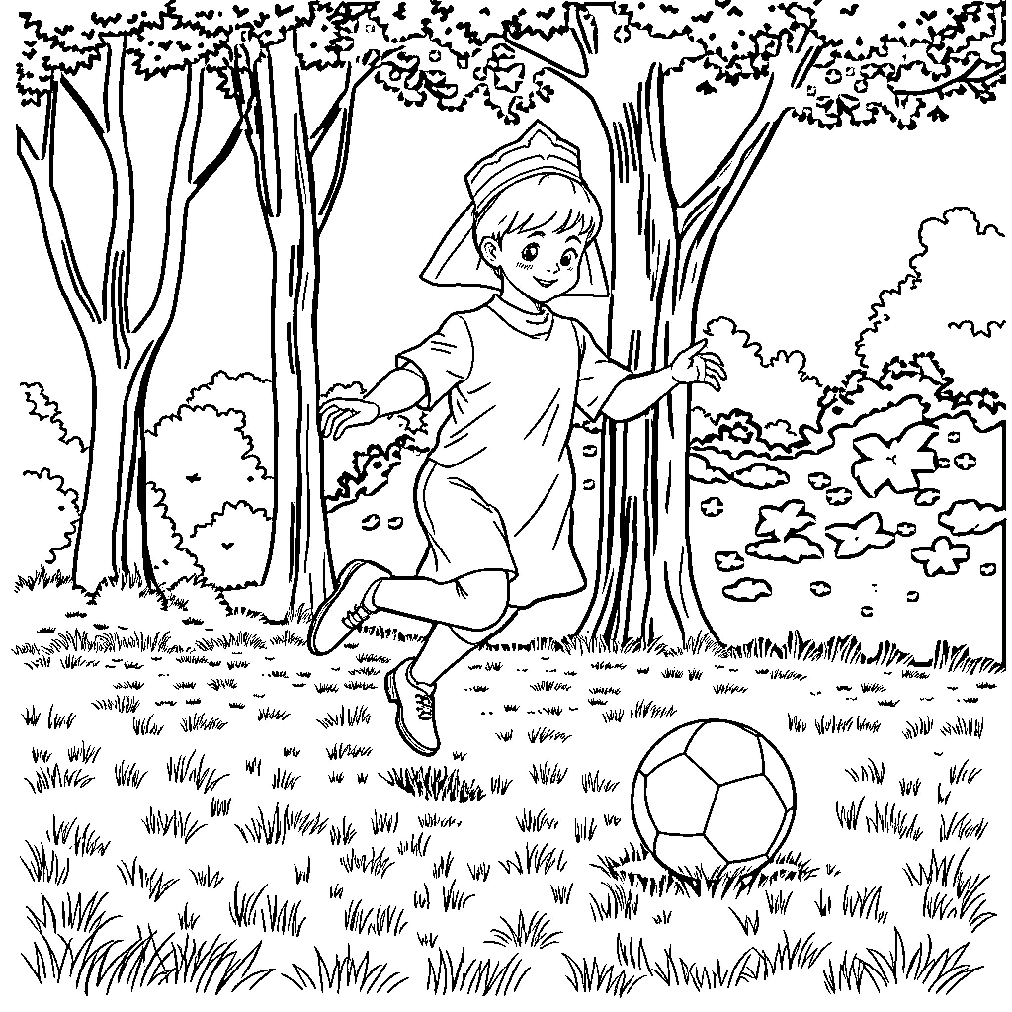Child playing joyfully with soccer ball in the forest Coloring Page (free black-and-white line drawing printable PDF for all, from beginners to advanced learners, including children, teens, adults, and seniors)
