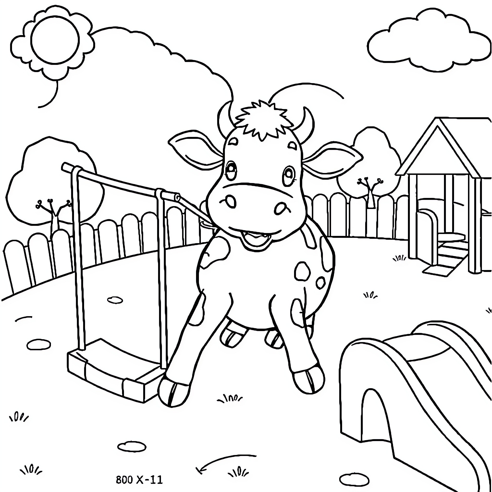 Cow playing on playground equipment Coloring Page (free black-and-white line drawing printable PDF for all, from beginners to advanced learners, including children, teens, adults, and seniors)