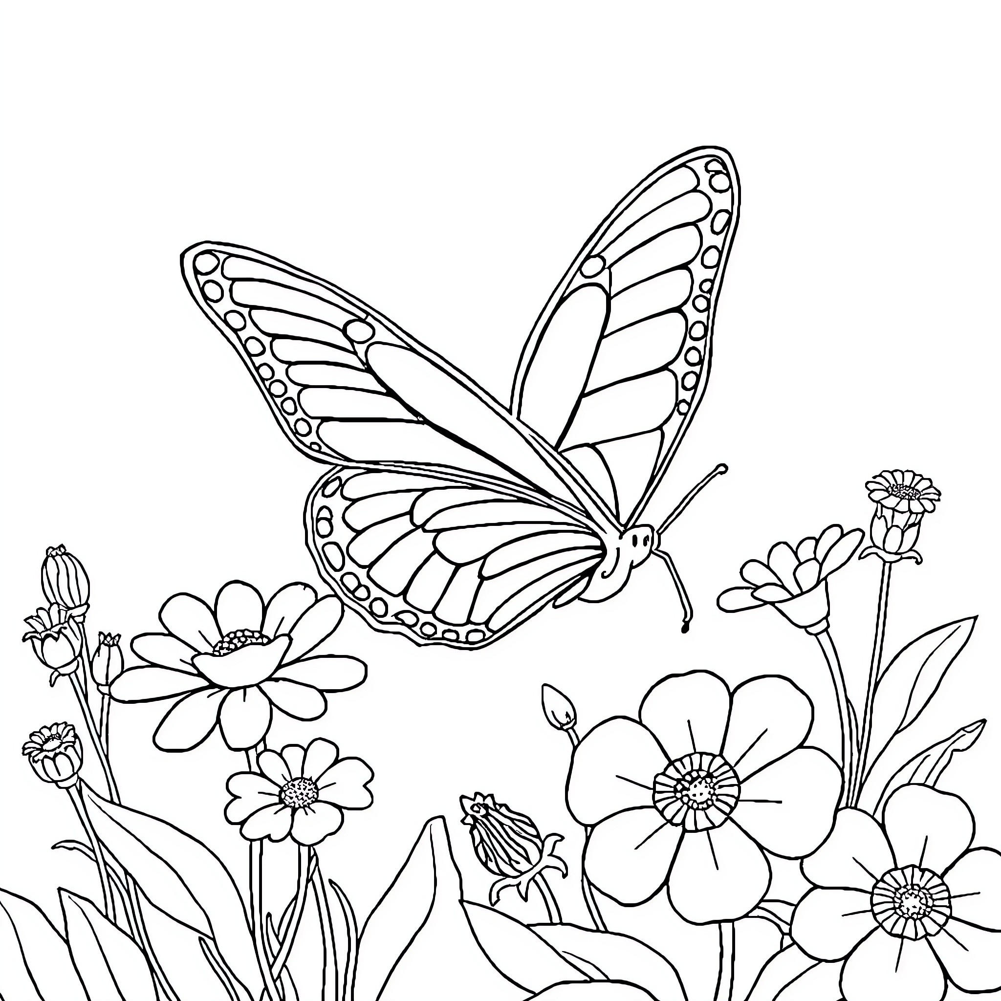 Butterfly floating amidst floral garden Coloring Page (free black-and-white line drawing printable PDF for all, from beginners to advanced learners, including children, teens, adults, and seniors)