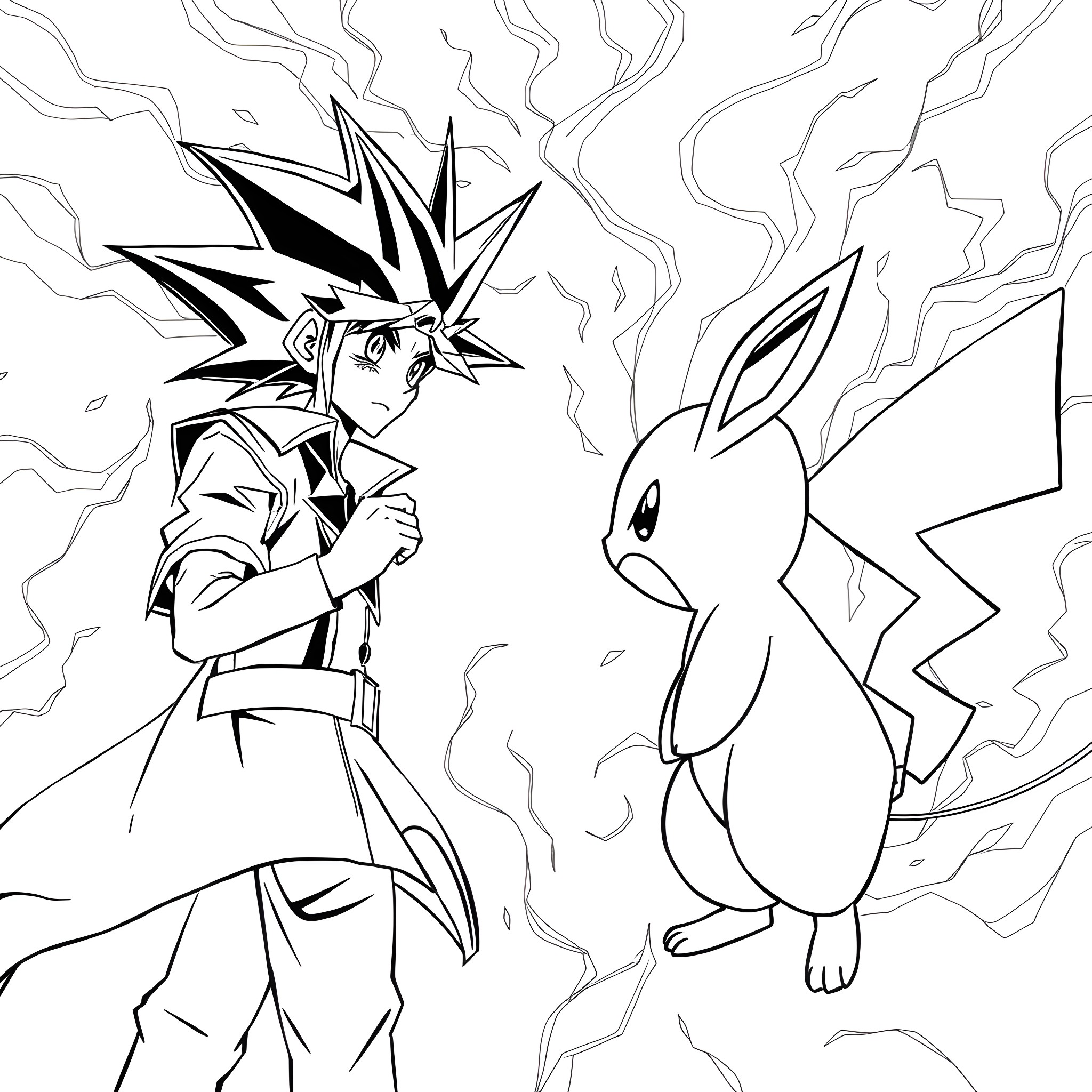 Yu-Gi-Oh! Character and Pokemon Encounter Coloring Page (free black-and-white line drawing printable PDF for all, from beginners to advanced learners, including children, teens, adults, and seniors)