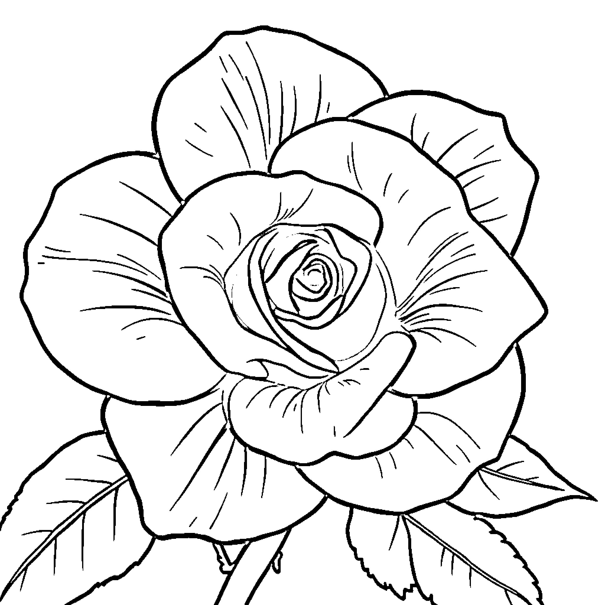 Rose Blossom in Elegant Design Coloring Page (free black-and-white line drawing printable PDF for all, from beginners to advanced learners, including children, teens, adults, and seniors)