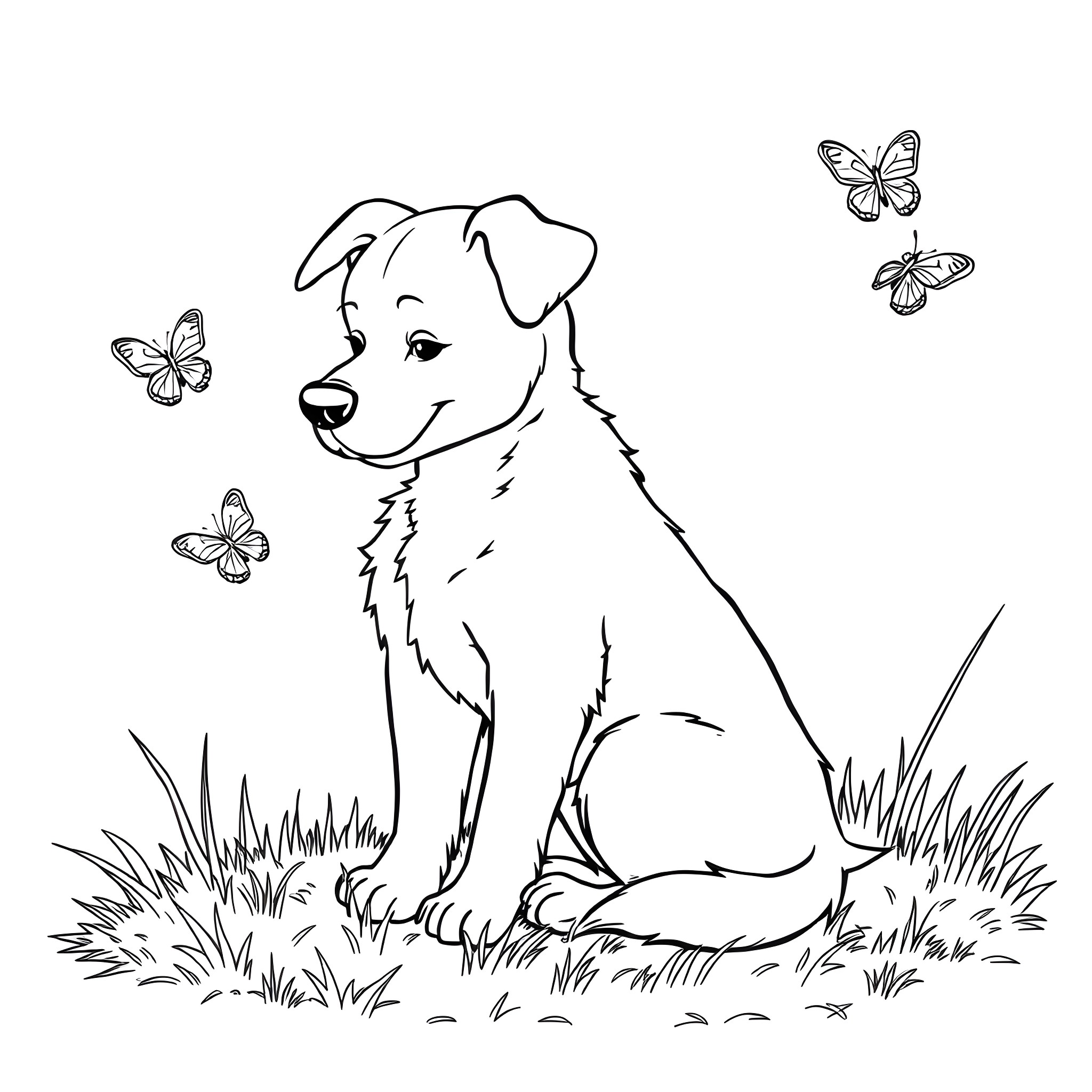 Dog enjoying butterflies in the meadow Coloring Page (free black-and-white line drawing printable PDF for all, from beginners to advanced learners, including children, teens, adults, and seniors)