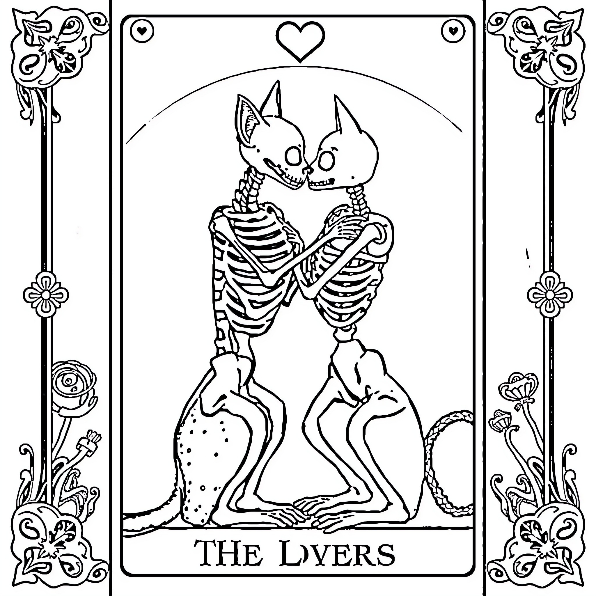 Lovers: Skeleton couple embracing tenderly Coloring Page (free black-and-white line drawing printable PDF for all, from beginners to advanced learners, including children, teens, adults, and seniors)