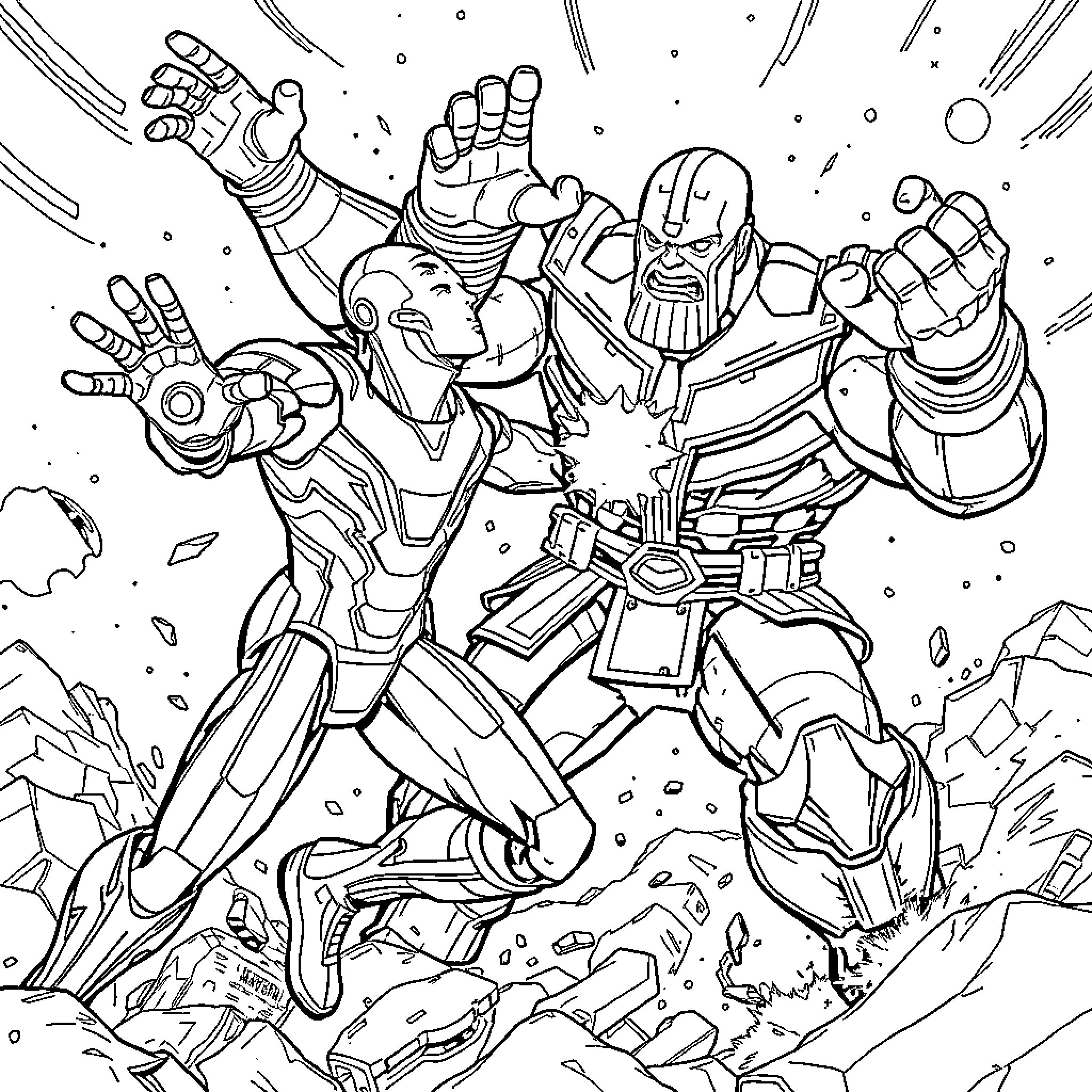 Ironman battling against a powerful enemy Coloring Page (free black-and-white line drawing printable PDF for all, from beginners to advanced learners, including children, teens, adults, and seniors)