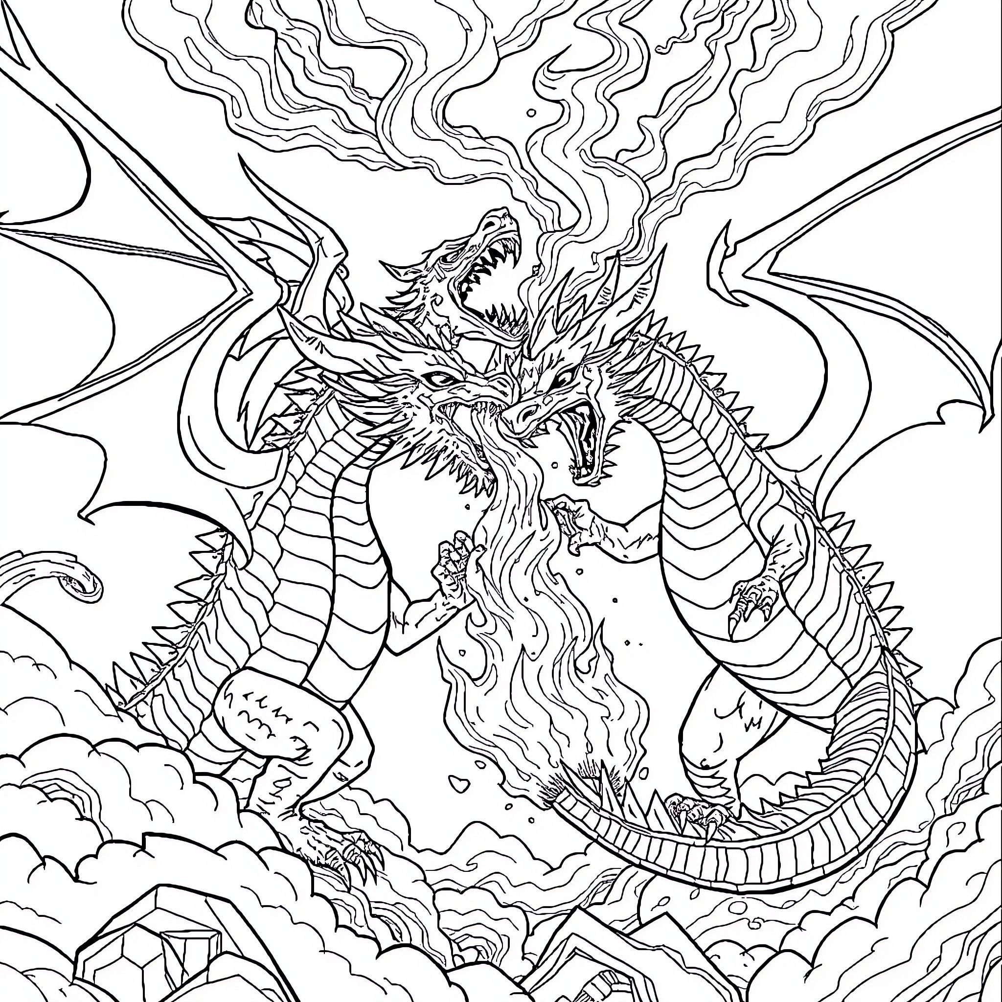 Dragon unleashing fiery breath in a fantastical scene Coloring Page (free black-and-white line drawing printable PDF for all, from beginners to advanced learners, including children, teens, adults, and seniors)