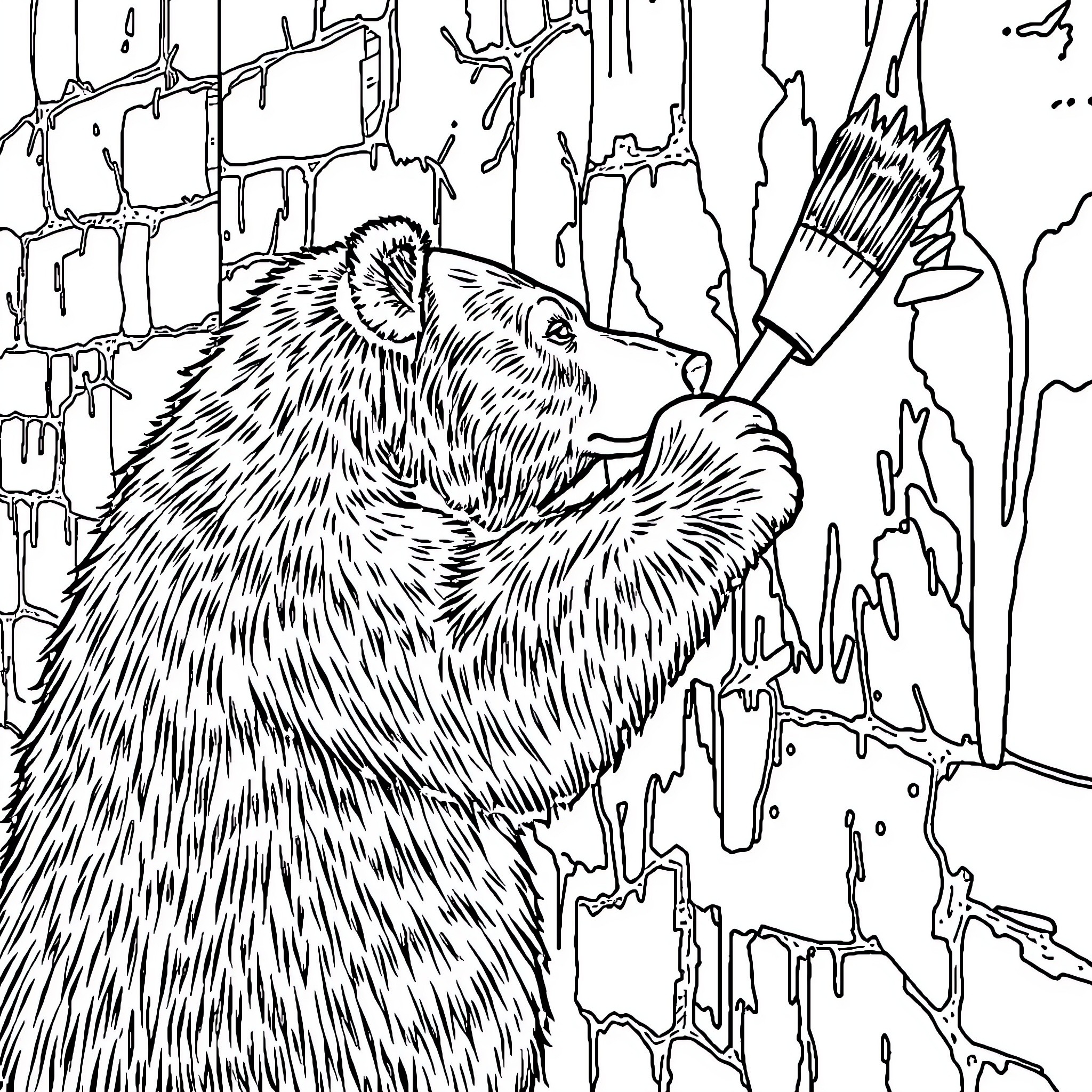 Bear exploring a snowy cave Coloring Page (free black-and-white line drawing printable PDF for all, from beginners to advanced learners, including children, teens, adults, and seniors)