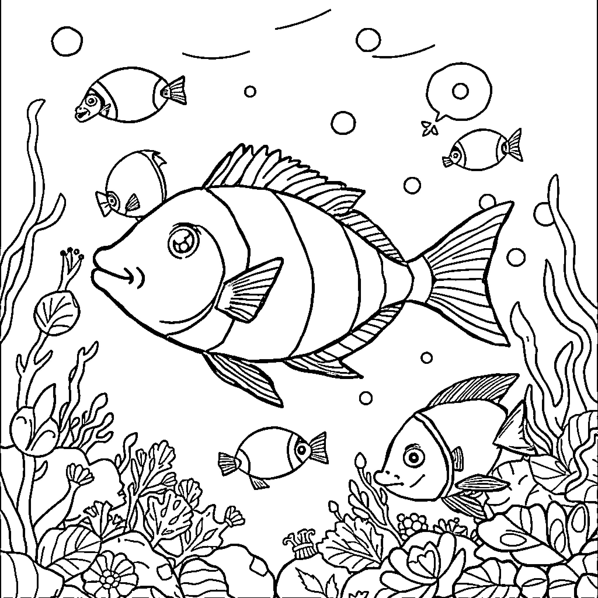 Fish swimming in the ocean with marine life Coloring Page (free black-and-white line drawing printable PDF for all, from beginners to advanced learners, including children, teens, adults, and seniors)