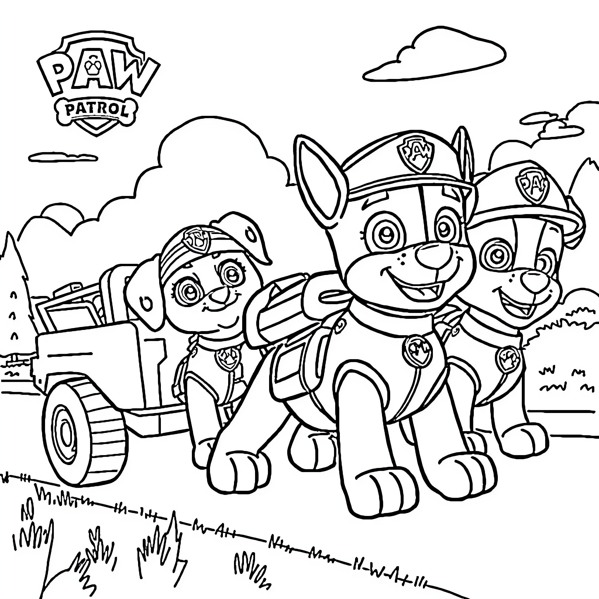 Paw Patrol team members on duty in their vehicles Coloring Page (free black-and-white line drawing printable PDF for all, from beginners to advanced learners, including children, teens, adults, and seniors)
