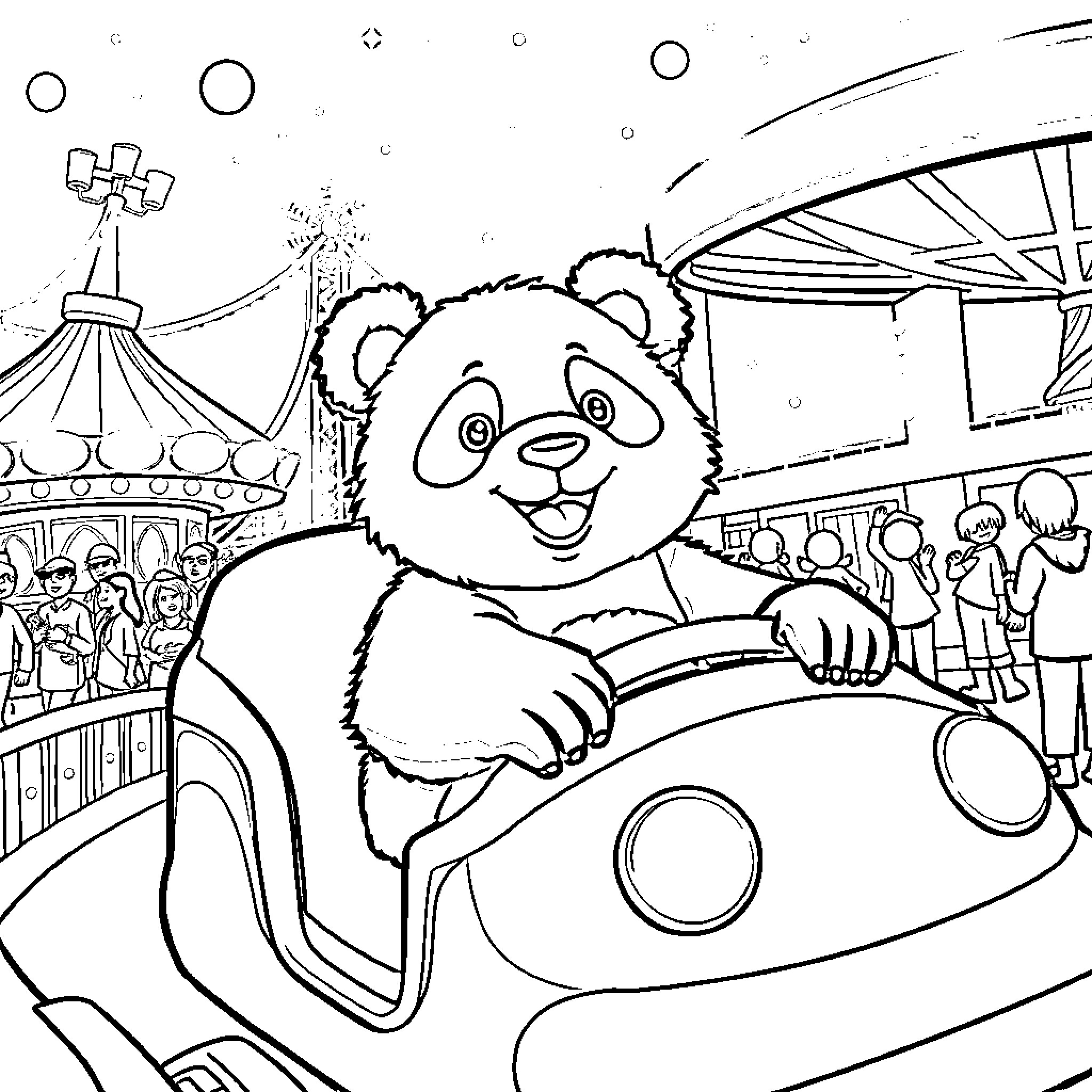 Panda riding a carnival ride with joy Coloring Page (free black-and-white line drawing printable PDF for all, from beginners to advanced learners, including children, teens, adults, and seniors)